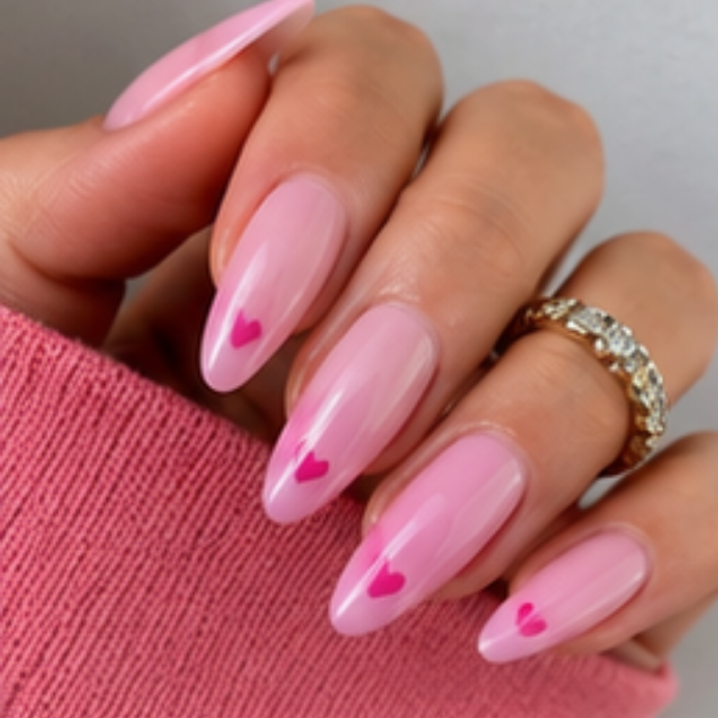 Pink manicure idea featuring itty bitty heart accents.