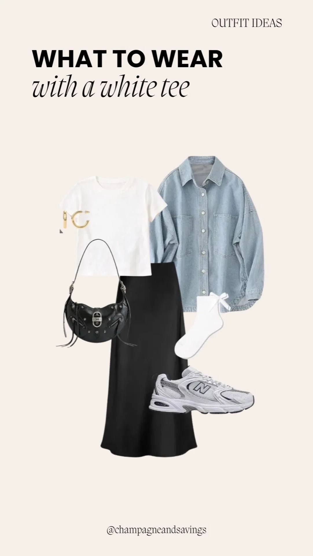 Plain white t-shirt styled with a denim button-down and a midi skirt for a casual yet polished layered outfit.