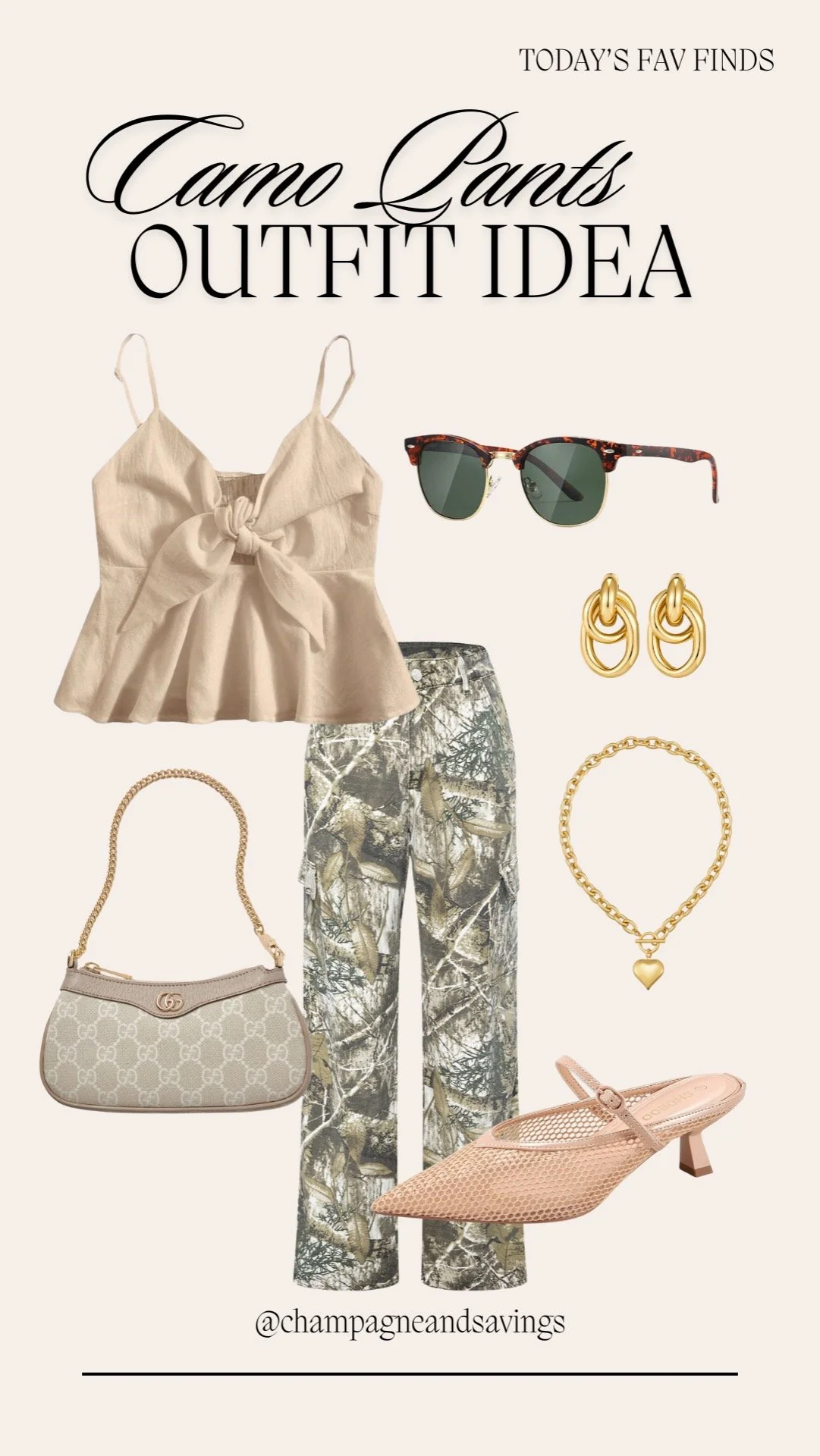 camo pants style with flowy spaghetti strap peplum top, mesh kitten heels, summer accessories, and shoulder bag