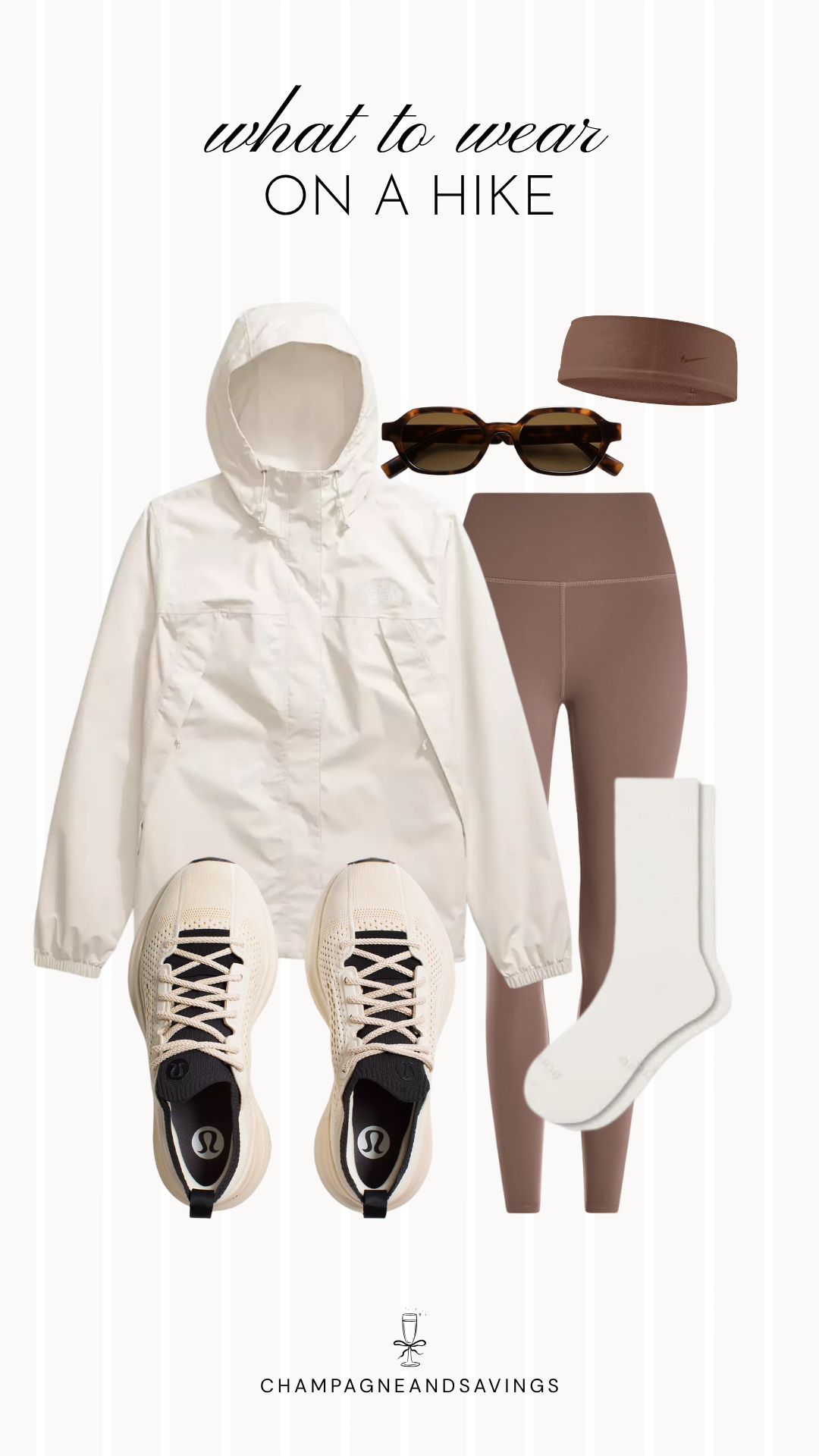 A collage of outfit pieces featuring a cream hooded jacket paired with mauve leggings and hiking shoes, creating a cozy, comfortable, and functional hiking outfit for cool-weather outdoor adventures.
