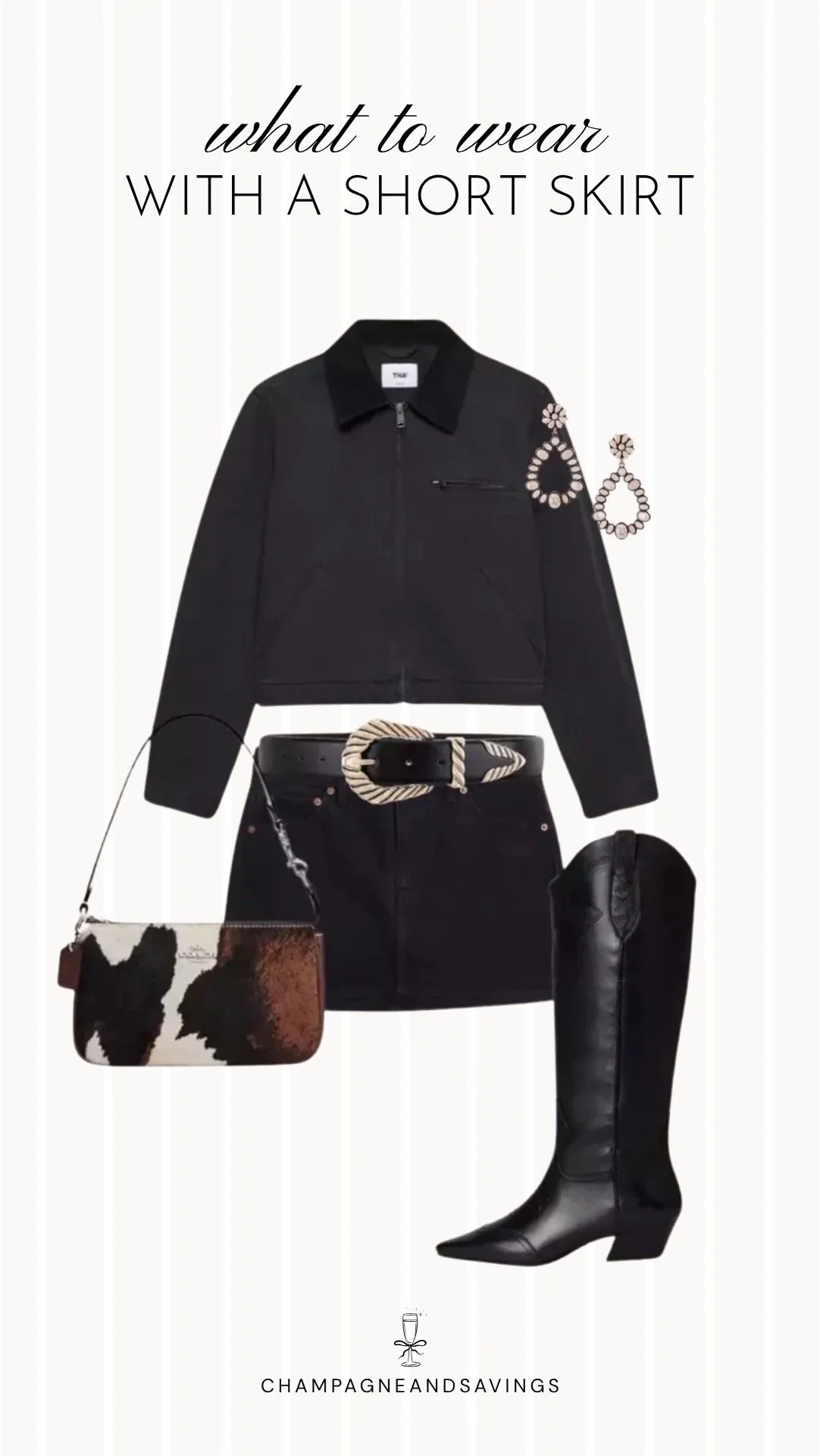 Collage of outfit pieces featuring a short skirt styled with a western belt and black boots for a trendy western-inspired outfit idea.