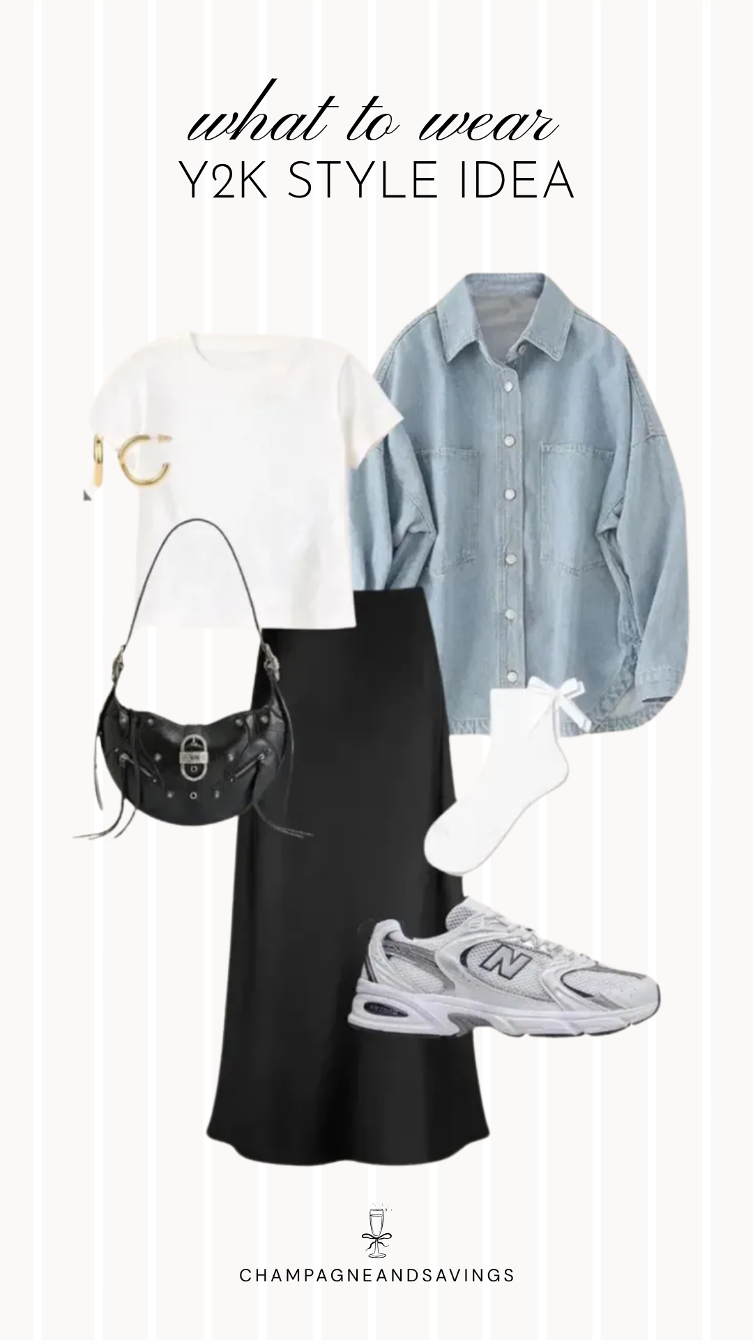 Y2K outfit idea collage featuring a denim shirt with a maxi skirt and sneakers for a trendy 2026 look.