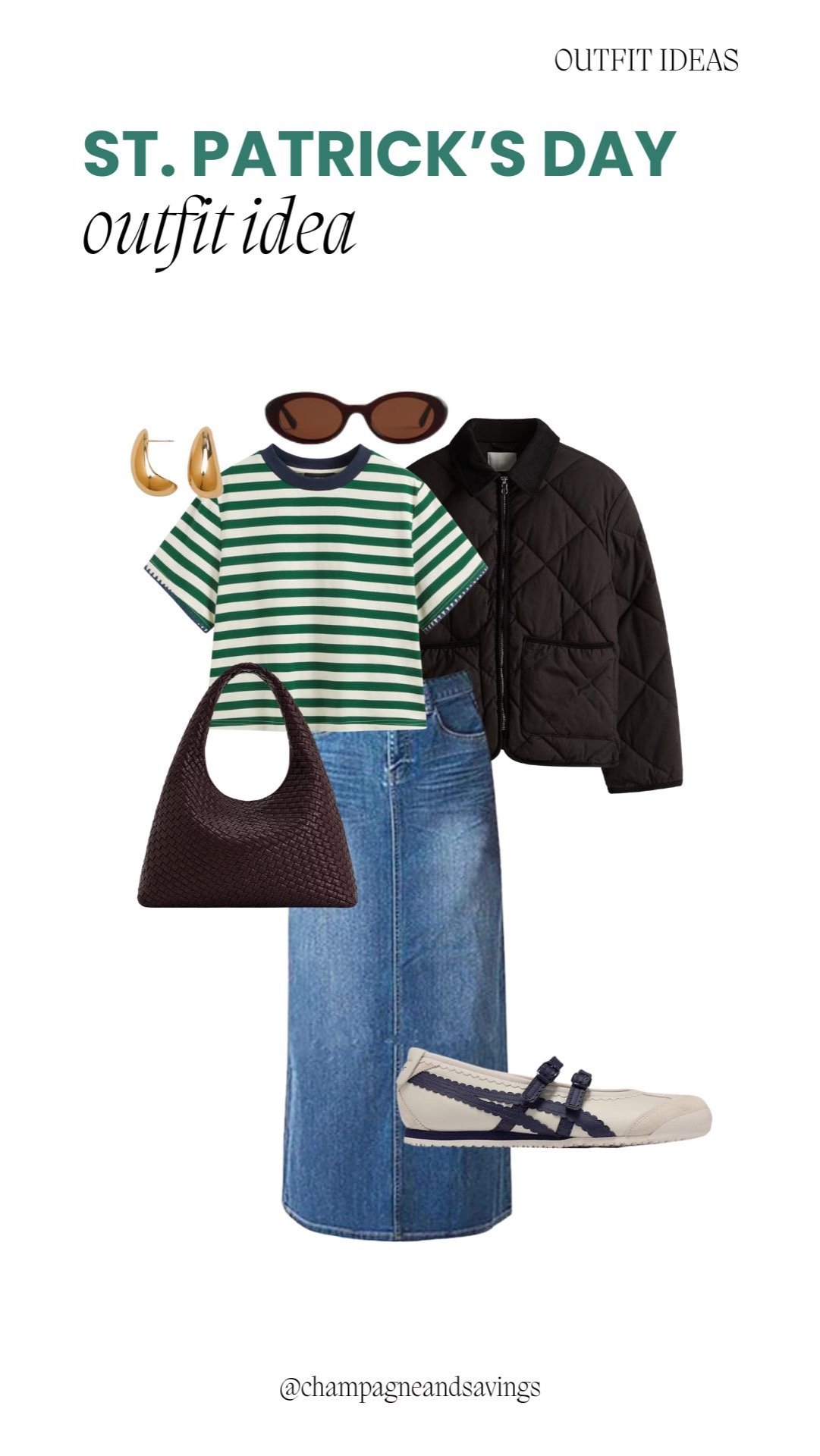 Green striped tee paired with a denim midi skirt for a casual and festive St. Patrick’s Day outfit.