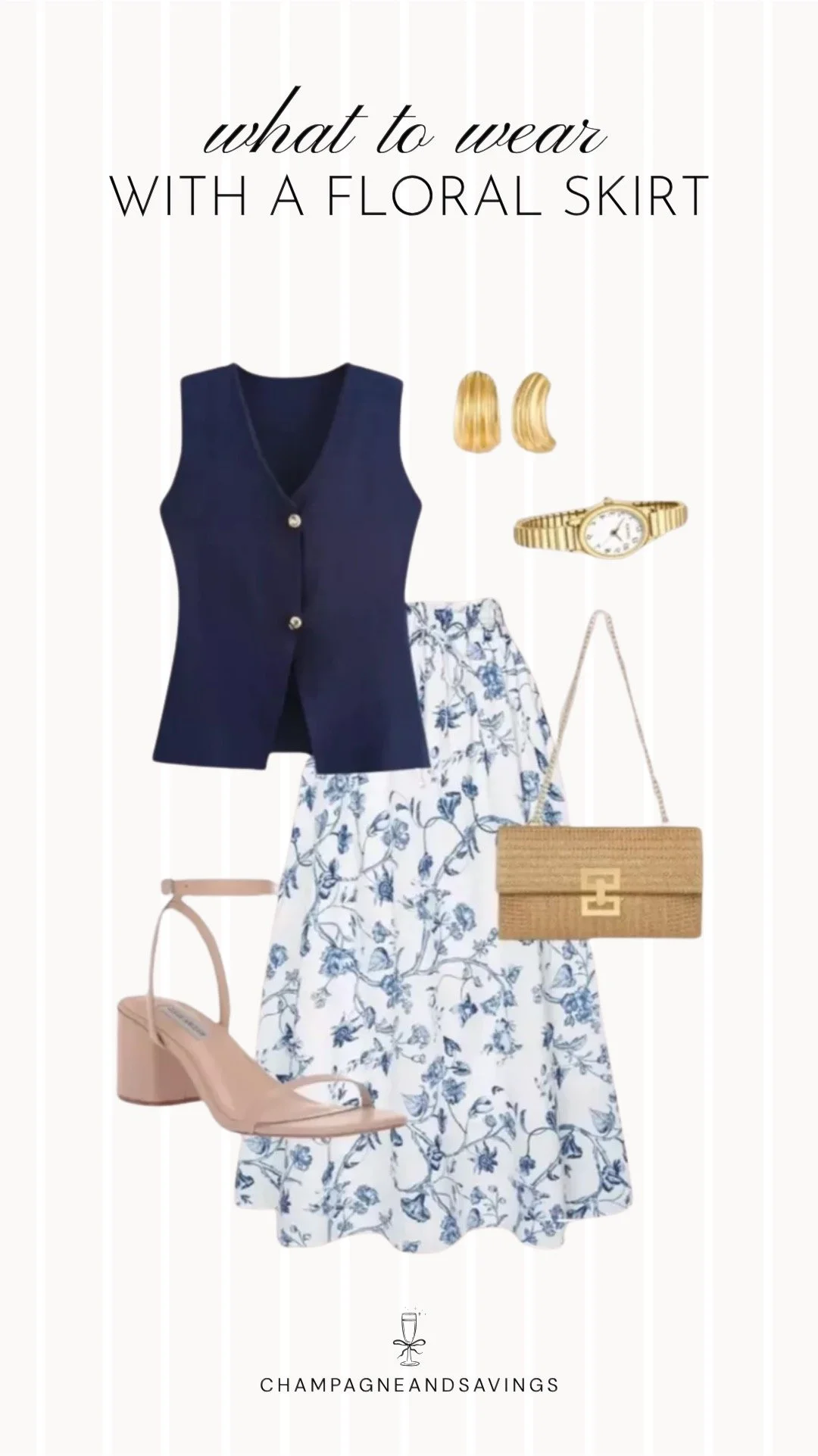 Collage of outfit pieces featuring a floral skirt styled with a navy vest and block heels for a polished, put-together outfit
