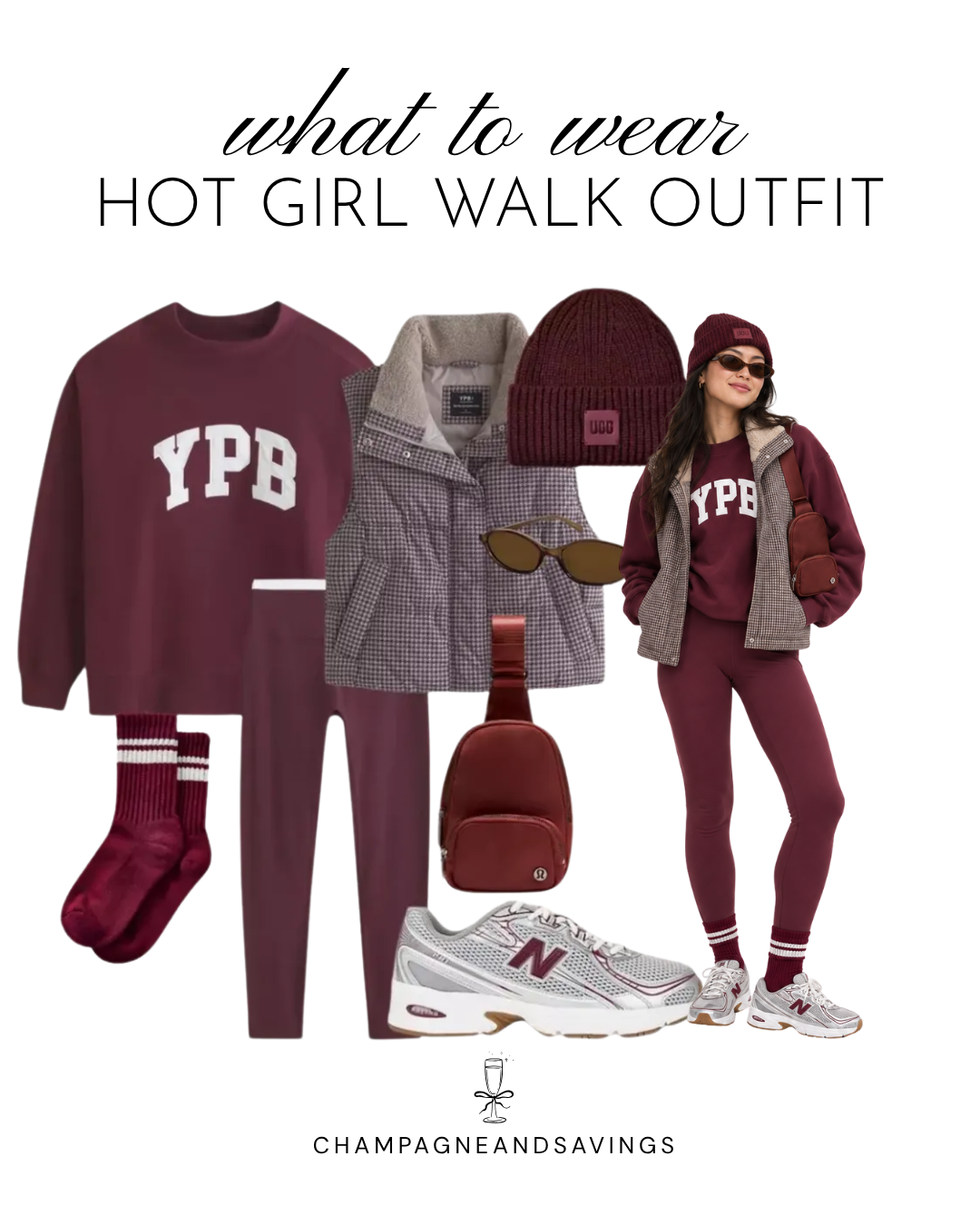 Hot girl walk outfit idea featuring a burgundy sweatshirt paired with matching leggings, shown in a collage of outfit pieces for a cute and comfortable walking outfit.