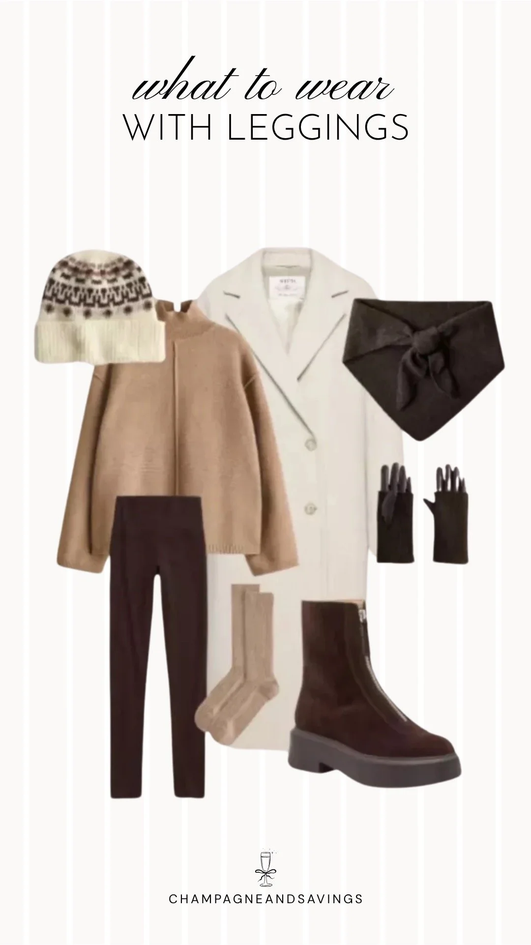Collage of outfit pieces featuring black leggings styled with a long coat and Chelsea boots for a chic and elevated fall outfit.