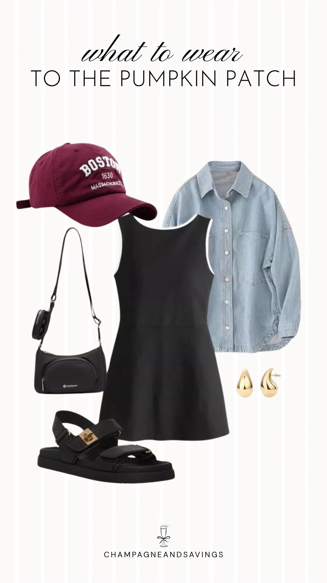 Collage of outfit pieces featuring an athletic dress styled with a chambray shirt and sport sandals for a casual pumpkin patch outfit idea with a sporty laid-back fall vibe.