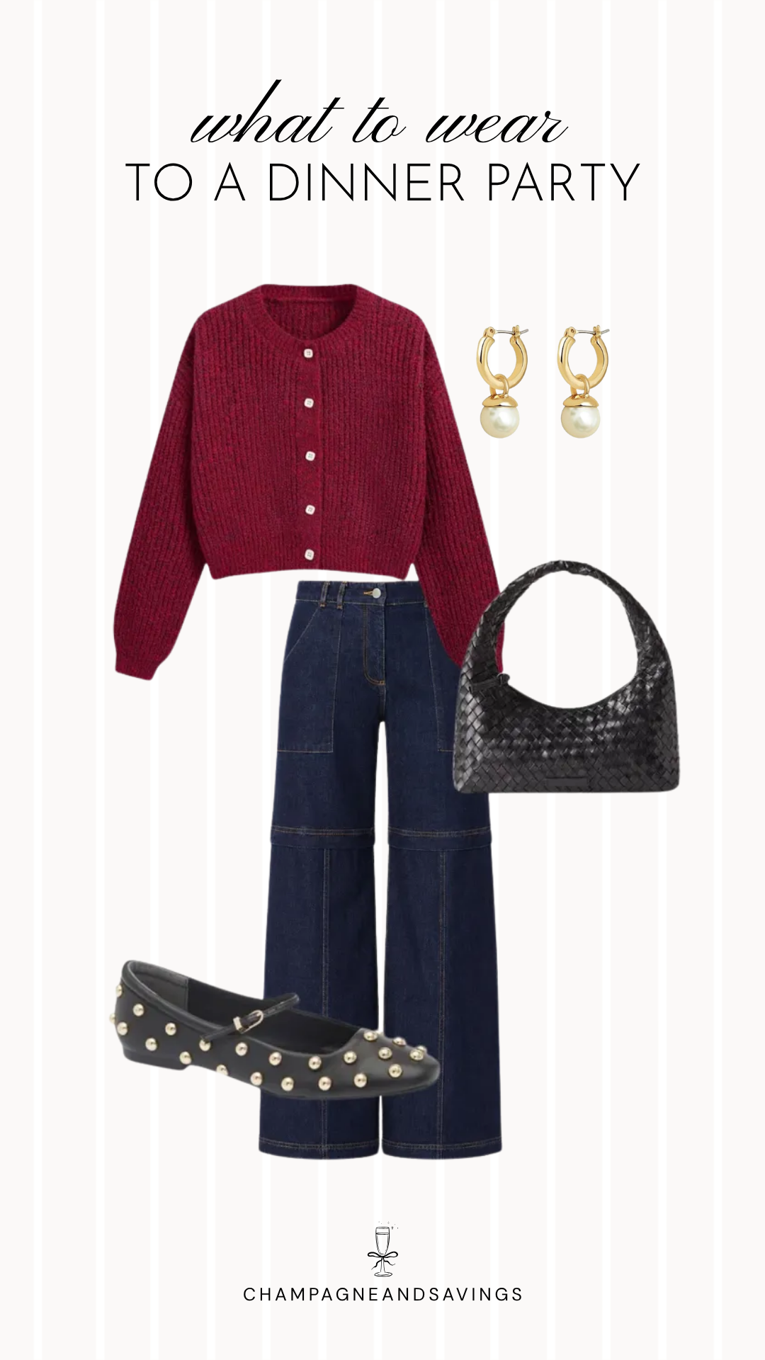 A dinner party outfit idea featuring a burgundy cardigan styled with pearl Mary Jane shoes for a cozy, feminine fall look that's perfect for casual dinners and festive gatherings.