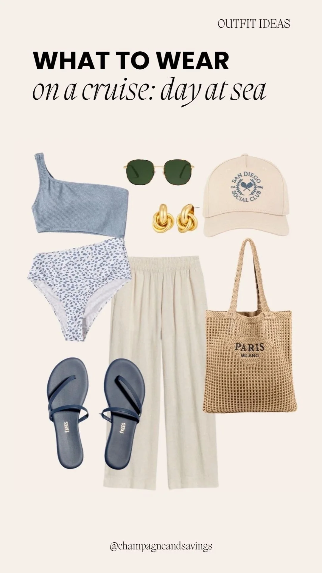 One-shoulder bikini paired with linen pants, styled as a chic cruise outfit perfect for poolside lounging and beach excursions.
