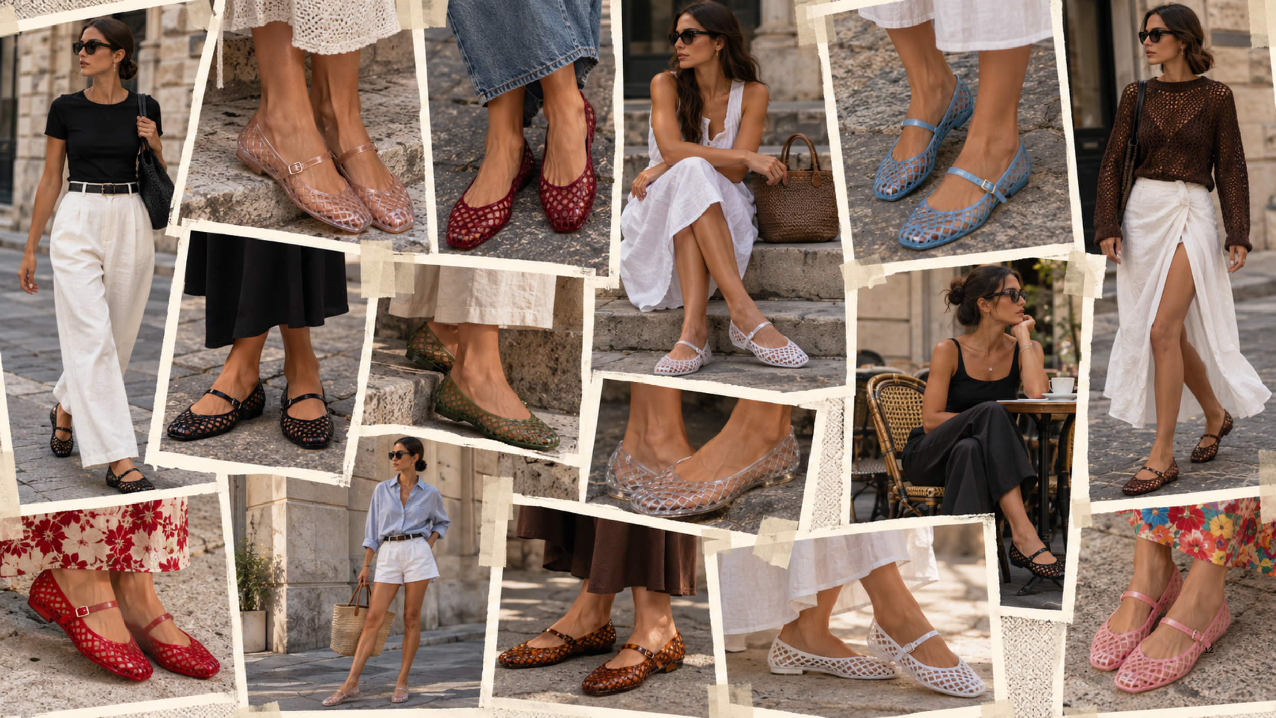 Collage featuring jelly flats styled in trendy millennial-inspired outfits for 2027.