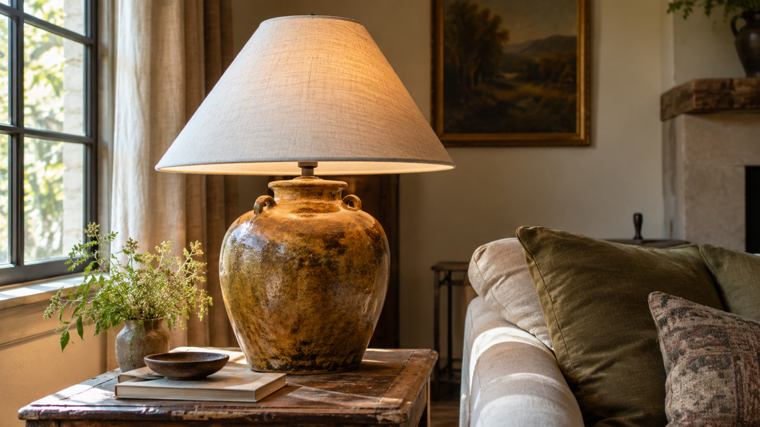Beautiful side table with an oversized sculptural ceramic lamp and decorative shade