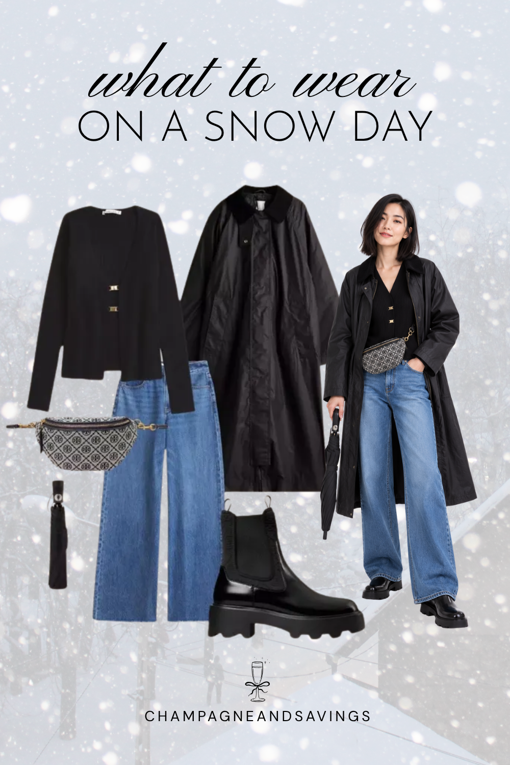 Trendy snow day outfit idea featuring wide-leg jeans, a cropped jacket, and rain boots, shown in a collage of outfit pieces.
