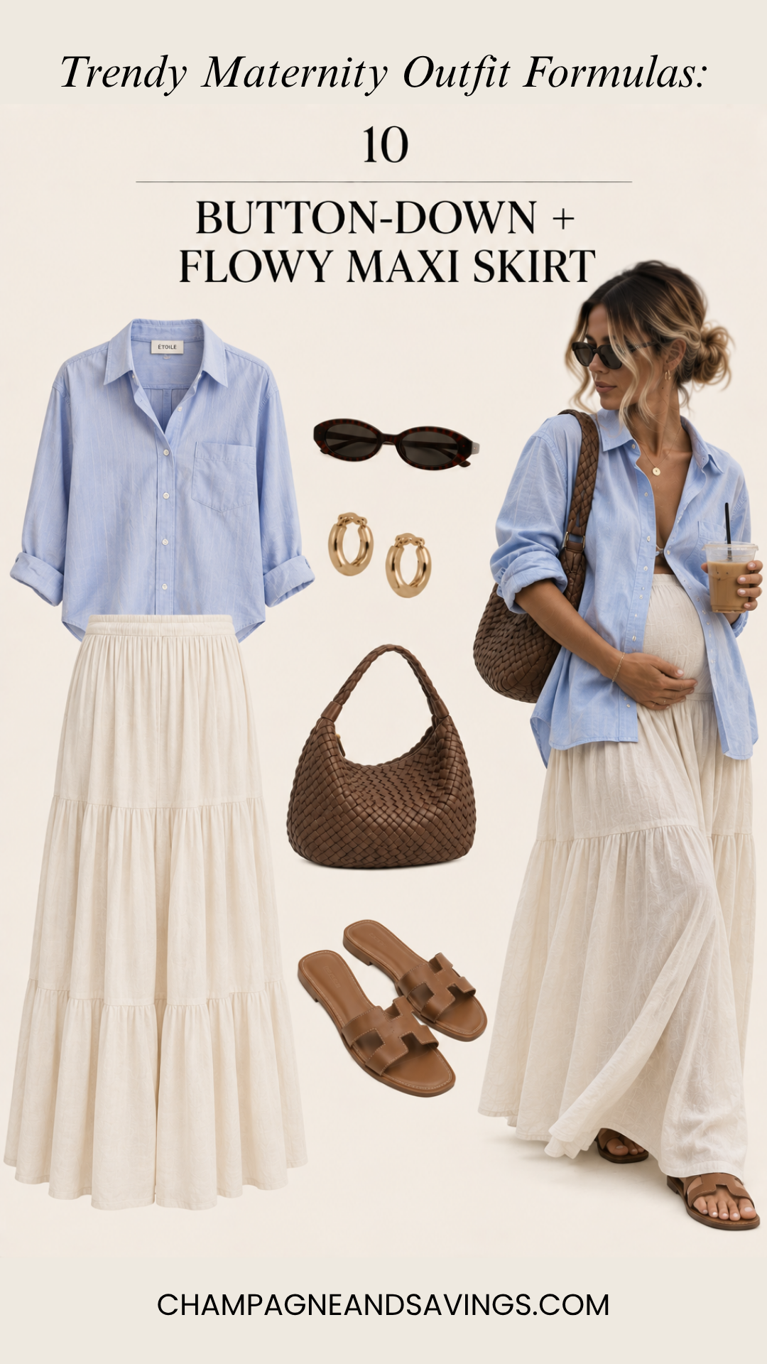 Button-down with a flowy maxi skirt pregnancy outfit formula featuring a collage of outfit pieces and a styled look for a trendy pregnancy outfit.