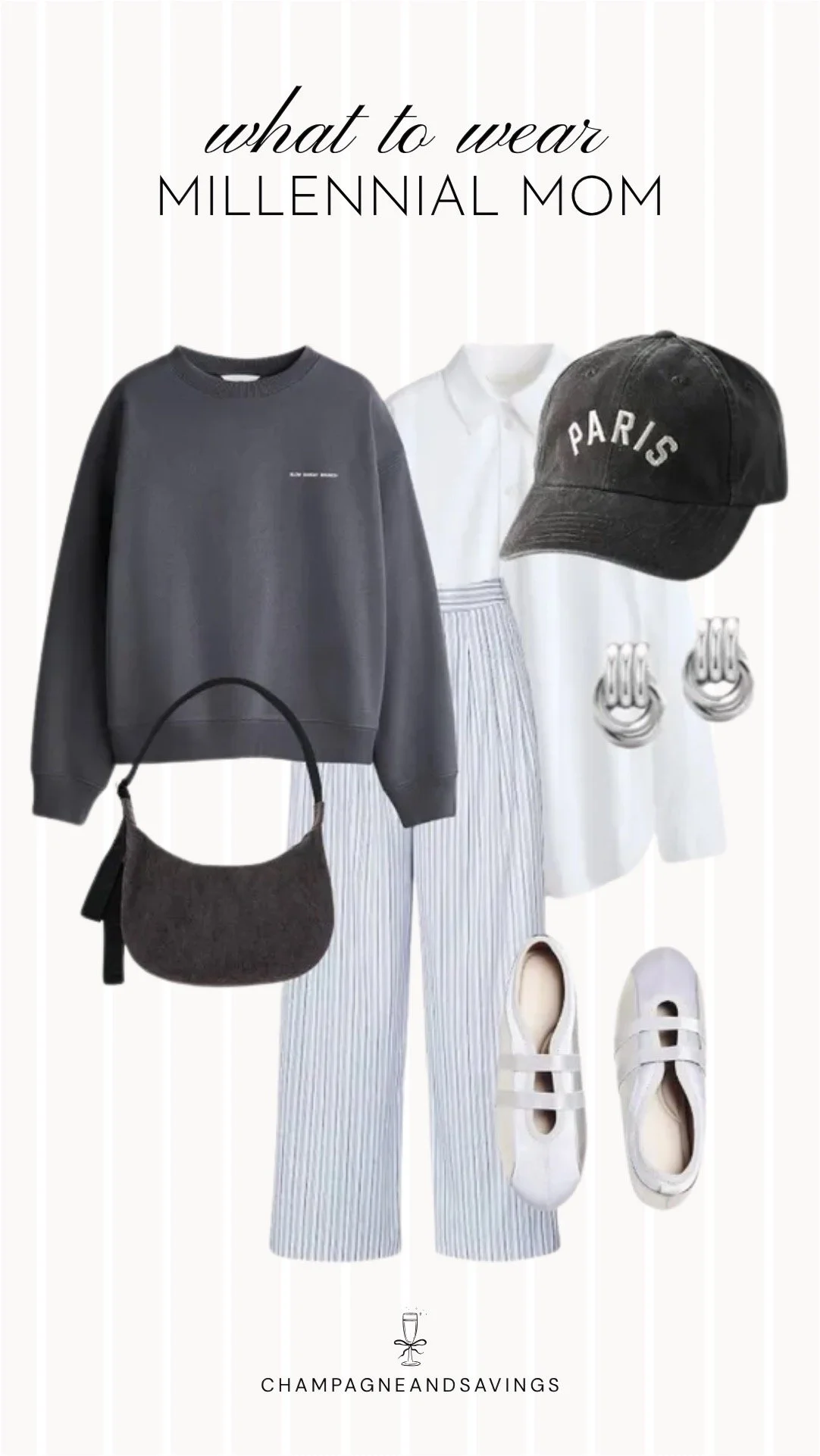 Collage of outfit pieces featuring a grey sweatshirt paired with striped pants and Mary Jane sneakers for a comfortable yet stylish millennial mom outfit.