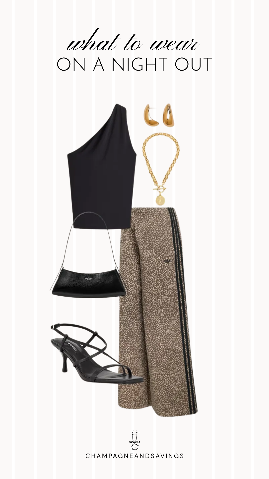 Fall going out outfit idea featuring a one shoulder top with leopard pants and gold jewelry, styled in a collage of outfit pieces for a bold and chic autumn night out look.