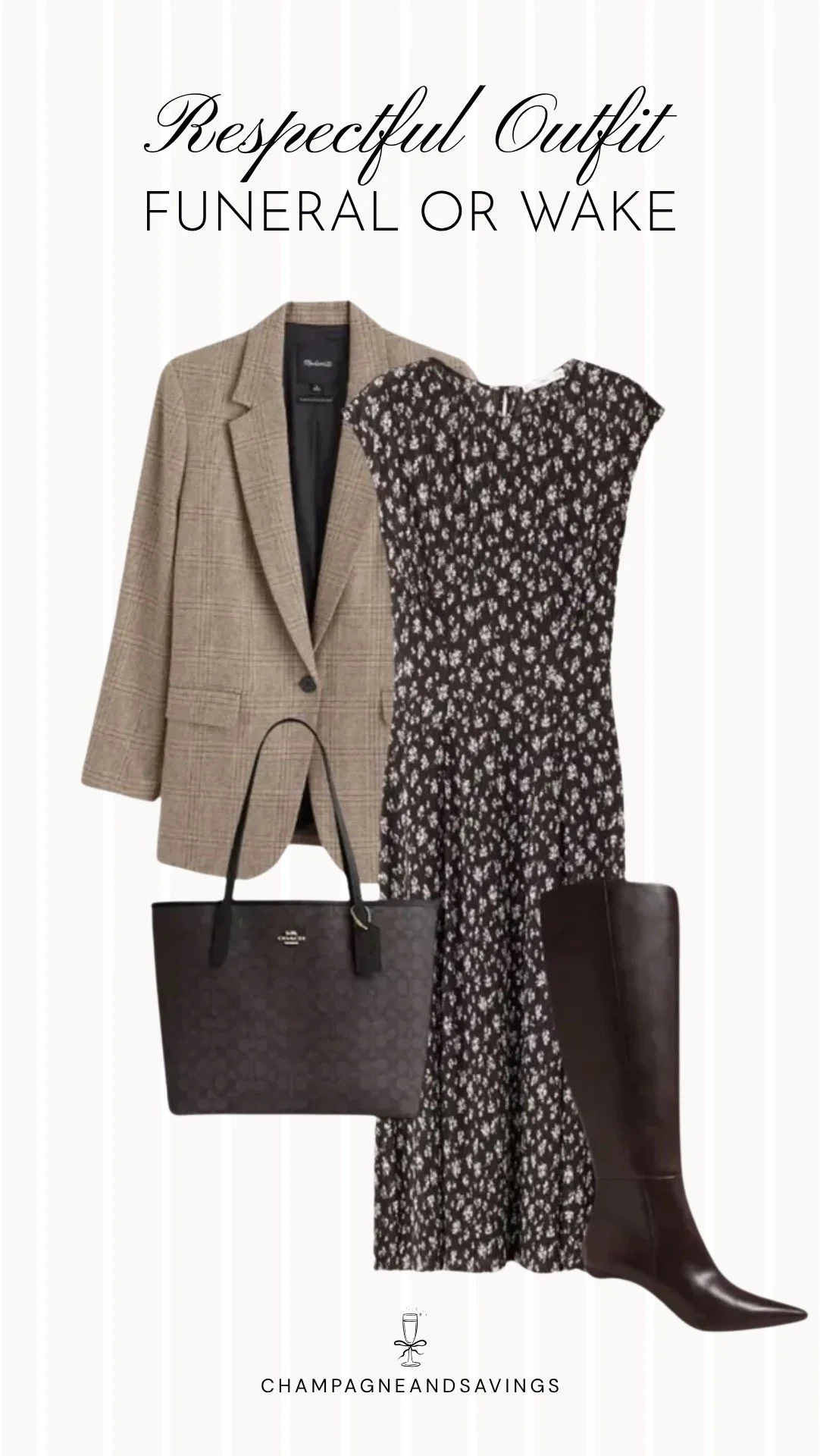 Respectful outfit idea for a funeral or wake featuring a dark floral midi dress, tall boots, and a blazer.