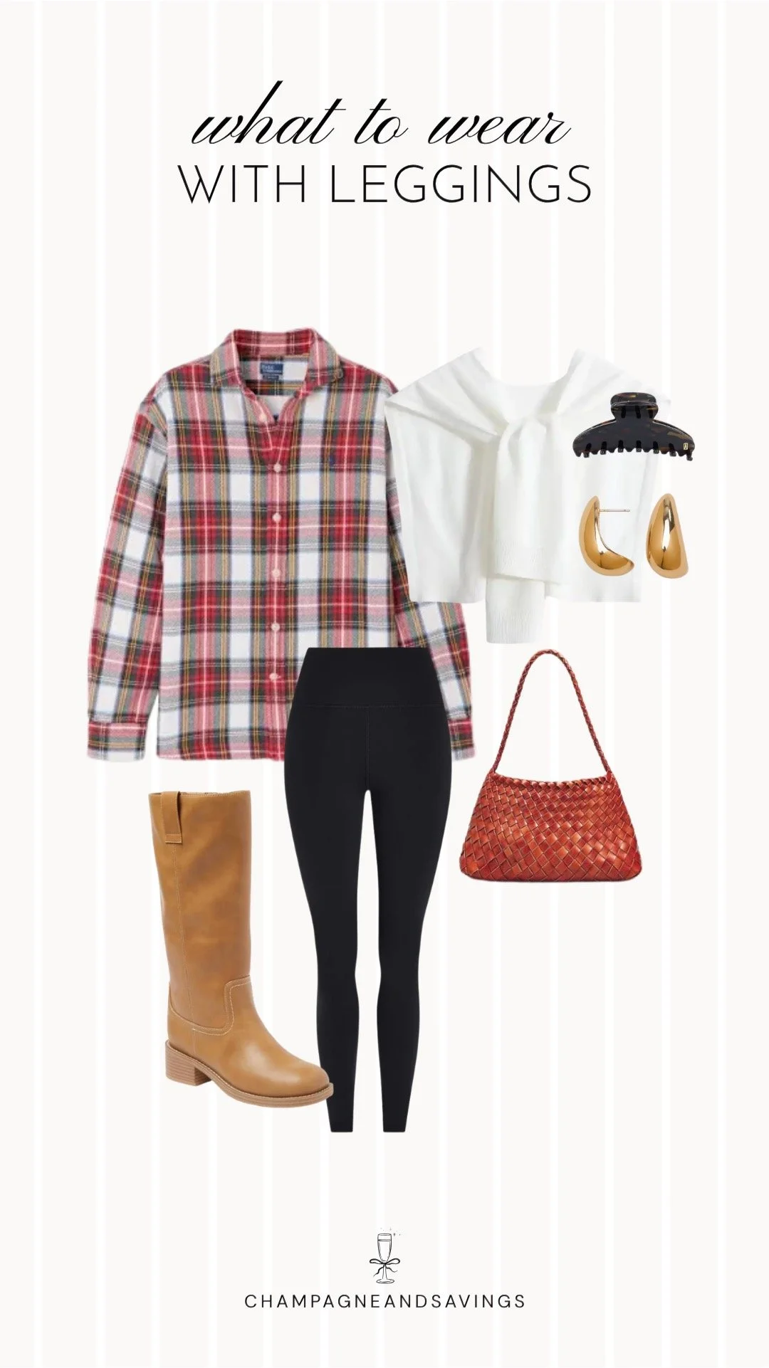Collage of outfit pieces featuring black leggings styled with a plaid flannel shirt and tall boots for a cozy fall outfit with a classic seasonal vibe.