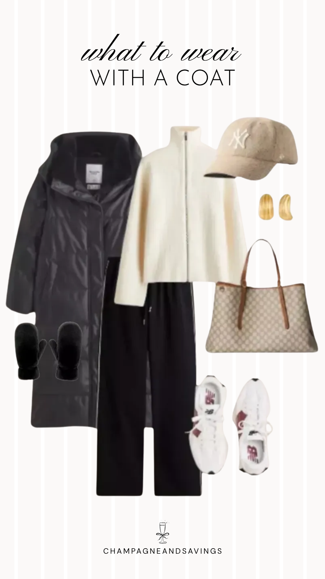 Coat styling idea featuring a cream fleece layered with a puffer coat and paired with wide leg pants, shown in a fall fashion collage with coordinated outfit pieces for a cozy and casual layered look.