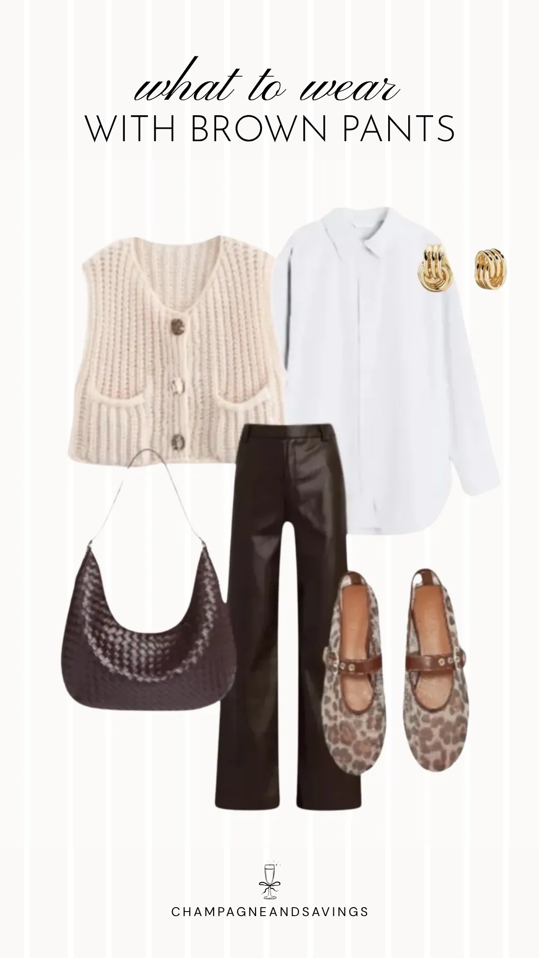 Brown pants outfit idea collage featuring a sweater vest layered over a button-down shirt with dark brown pants for a chic, put-together look.