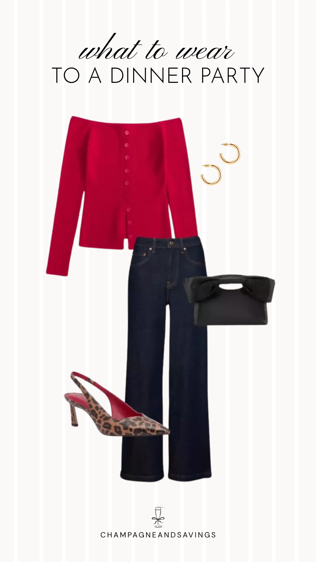 A dinner party outfit idea featuring a red off-the-shoulder top paired with leopard print heels for a bold, stylish fall look that's perfect for holiday dinners and festive evenings out.