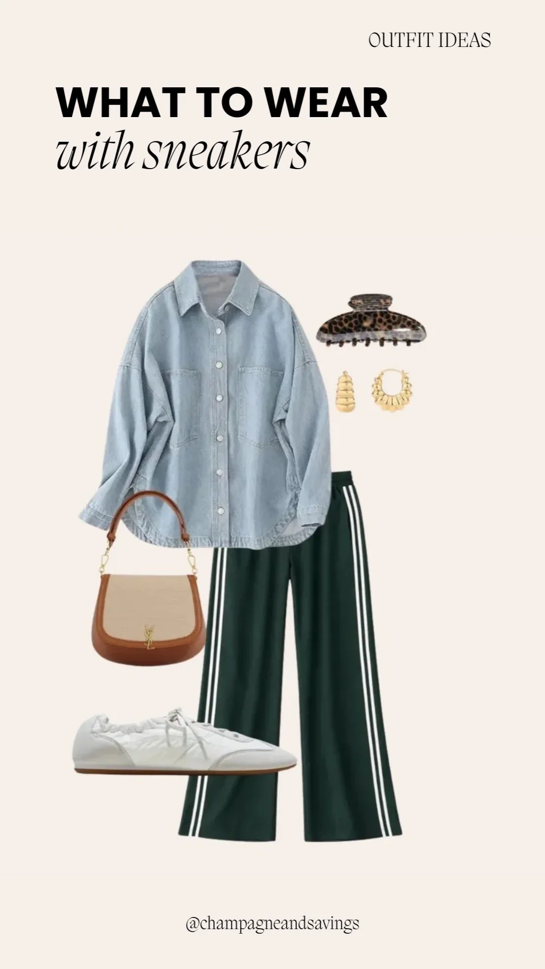 Collage showing track pants styled the elevated way with sneakers and chic outfit pieces.
