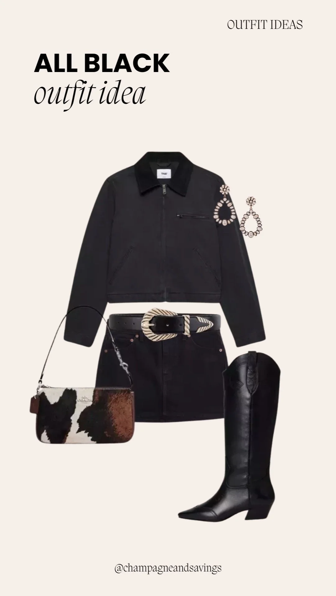 Outfit collage showing a cute and comfy all-black outfit idea with a cropped jacket and denim mini skirt.