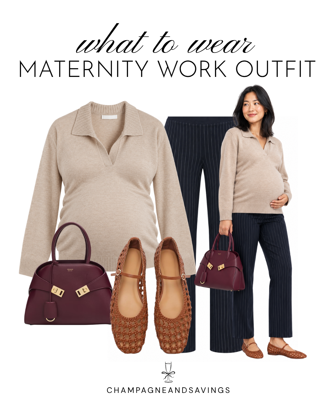 Maternity work outfit idea featuring a collared sweater paired with pinstripe pants, shown in a collage of outfit pieces for a chic, comfortable, and professional pregnancy-friendly look.