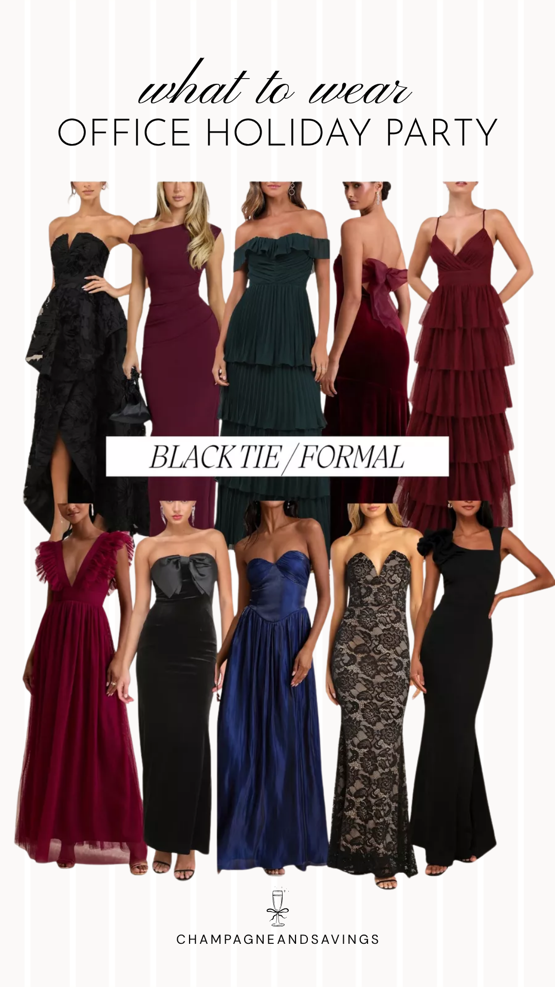 Image that says What to Wear Office Holiday Party Black Tie/Formal and has a collage of outfit ideas.