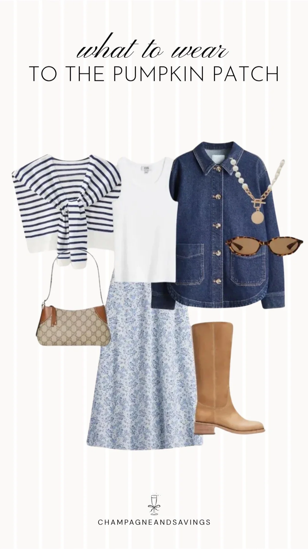 Collage of outfit pieces featuring a striped tee styled with a floral midi skirt and a denim shacket for a casual pumpkin patch outfit idea with a cozy feminine fall vibe.