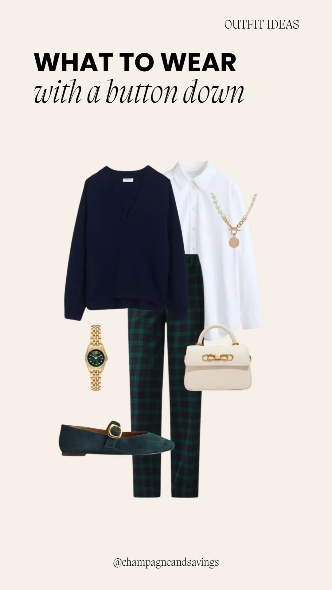 Button down shirt outfit idea featuring a navy sweater layered over a button-down shirt with plaid pants, shown in a collage of outfit pieces.