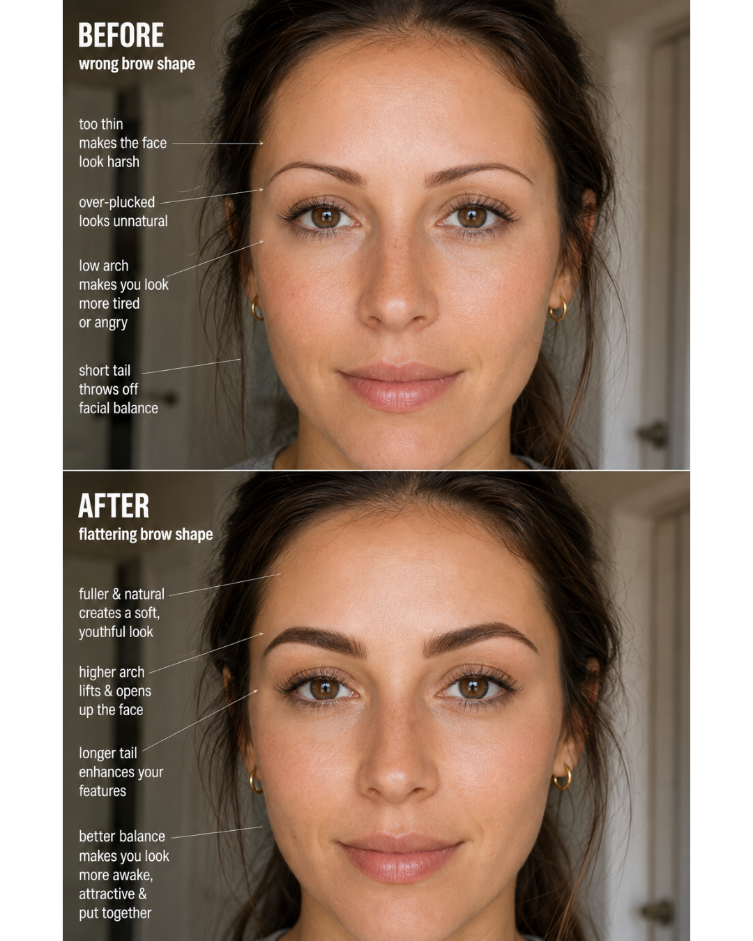 Before and after image of a woman with the wrong brow shape and then with a flattering brow shape.
