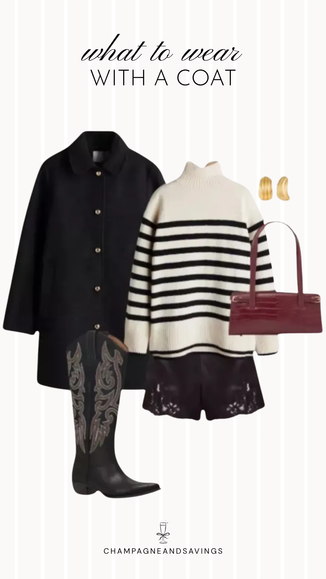 Coat styling idea featuring a striped sweater layered with a short coat and paired with western boots, shown in a fall fashion collage with coordinated outfit pieces for a chic and effortlessly stylish layered look.
