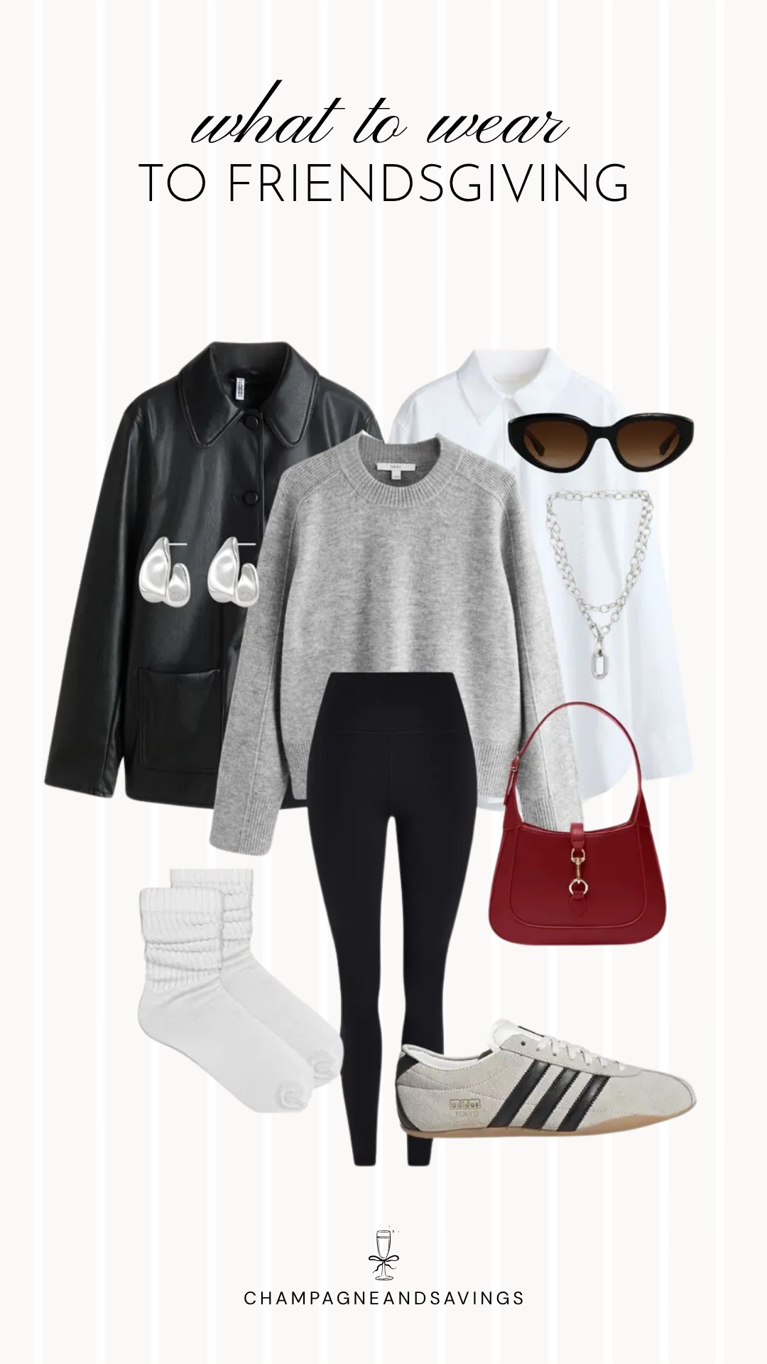 Friendsgiving outfit idea featuring a faux leather jacket layered over cozy knit pieces with leggings, styled together in a casual fall fashion collage that's perfect for a relaxed and stylish holiday gathering.