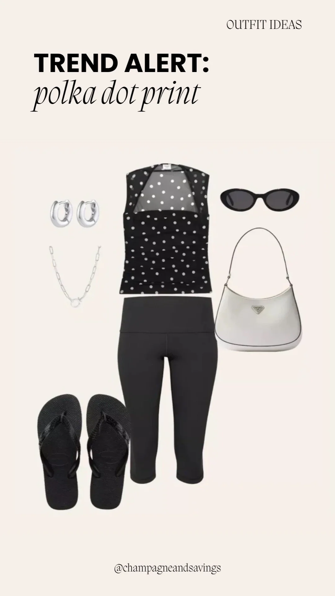 Collage of outfit pieces featuring a polka dot mesh top paired with capri leggings and flip flops, styled for a casual, laid-back look.