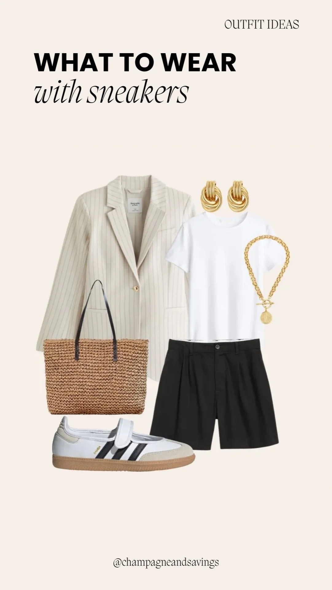Collage showing a sneakers outfit idea featuring tailored shorts paired with Samba Jane sneakers for a stylish casual look.