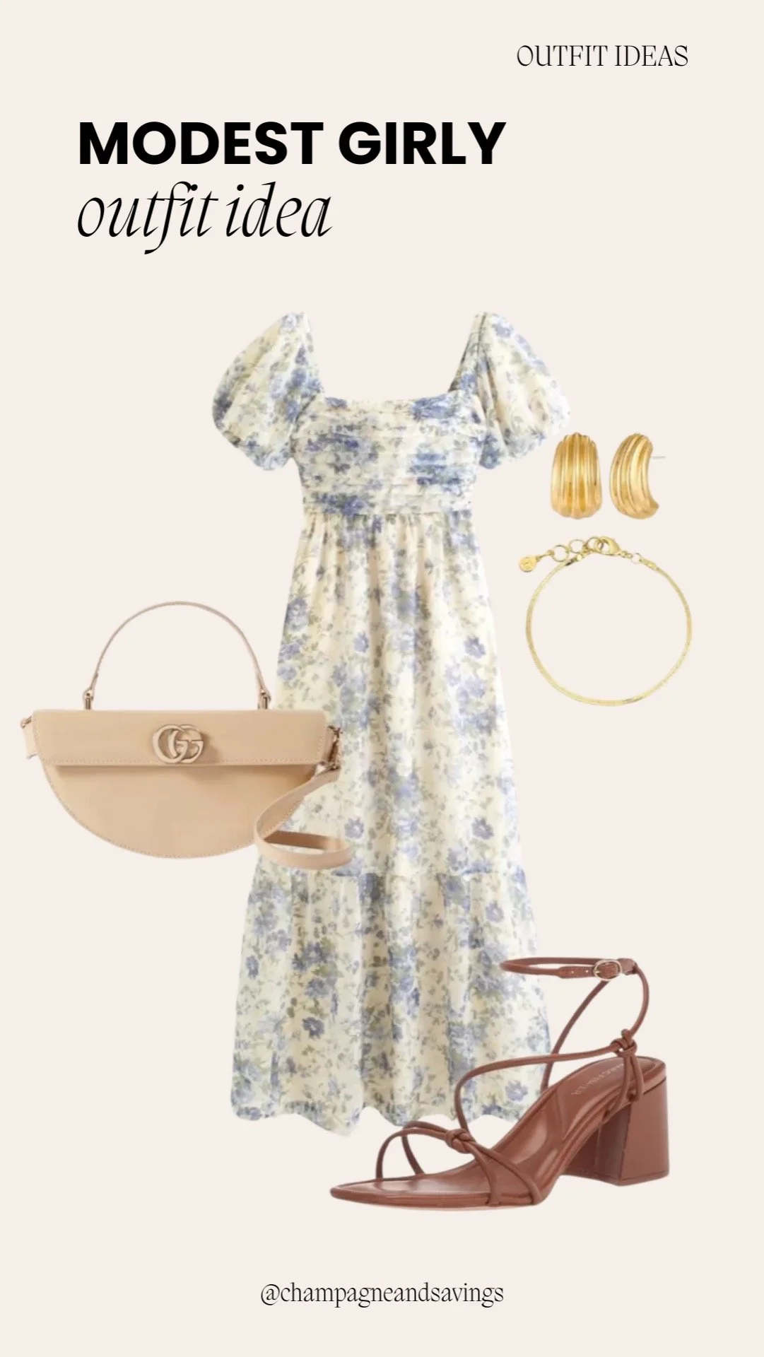 Modest girly outfit idea featuring a blue floral puff sleeve midi dress paired with coordinating feminine pieces, styled together as coordinated outfit pieces.