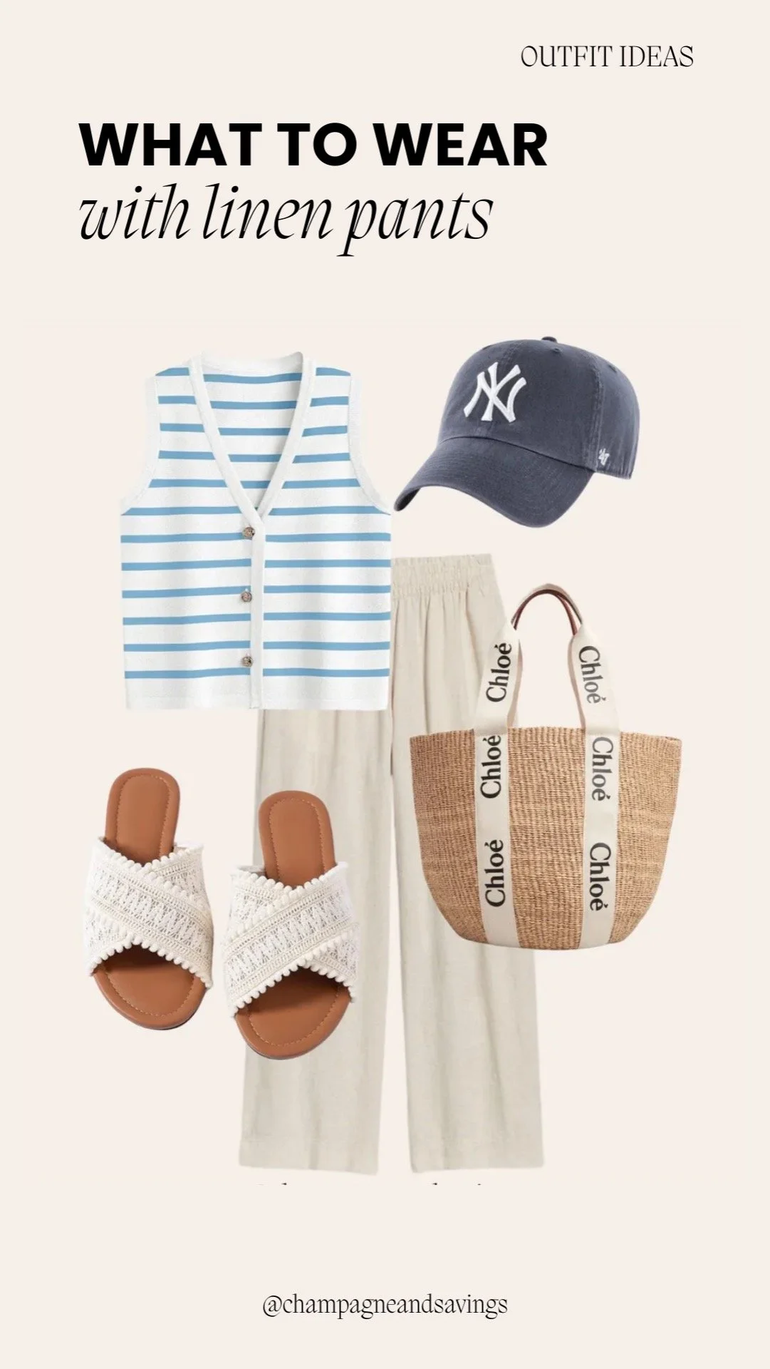 Casual linen pants outfit styled with a striped vest and casual accessories for a relaxed and chic spring look.