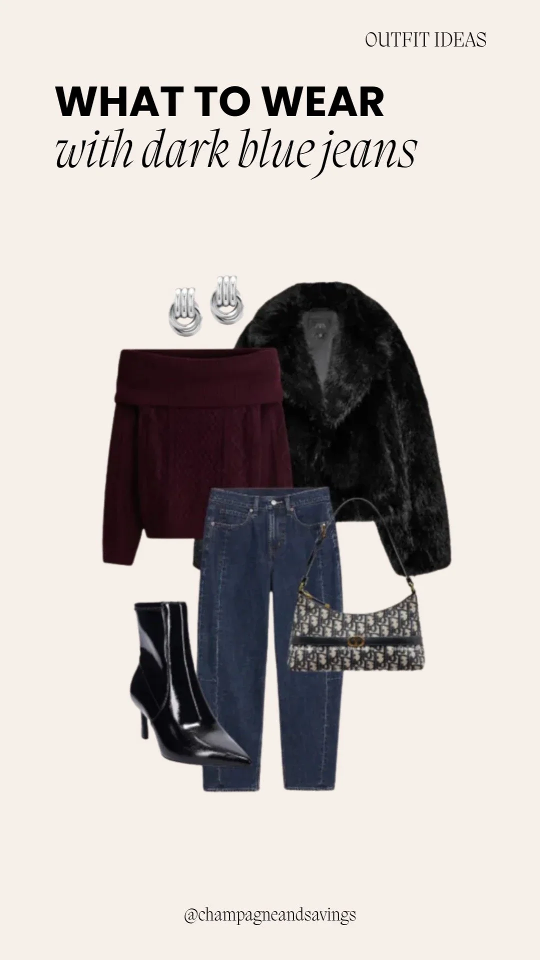Collage of outfit pieces for an “Off the Shoulder + Faux Fur” dark denim look, featuring dark denim paired with an off-the-shoulder top and a faux fur layer, styled in a glam chic aesthetic.