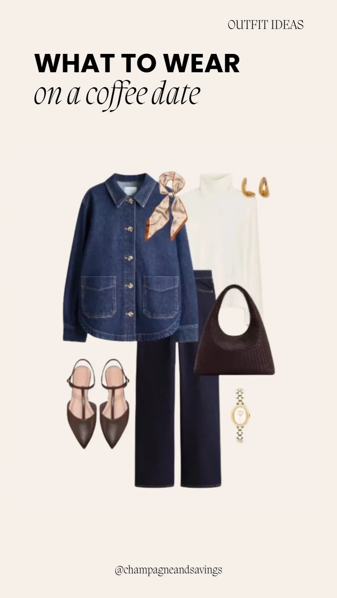 What to wear on a coffee date featuring styled outfit pieces with classic denim and neutral tones for an effortless, chic look