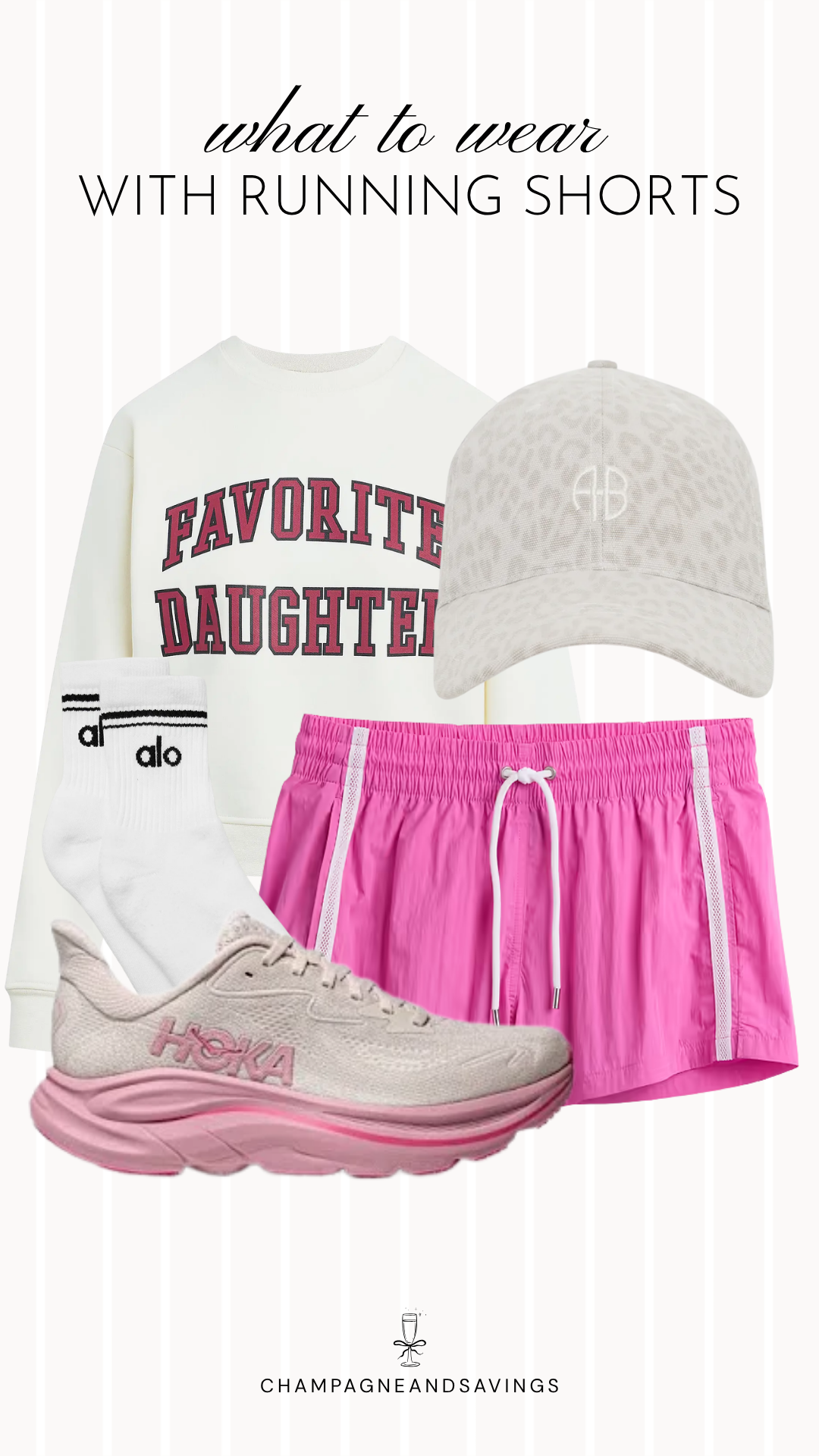 A casual running shorts outfit featuring athletic running shorts paired with a varsity sweatshirt and sneakers, creating a sporty, laid-back look that's perfect for cooler mornings, errands, or weekend wear.