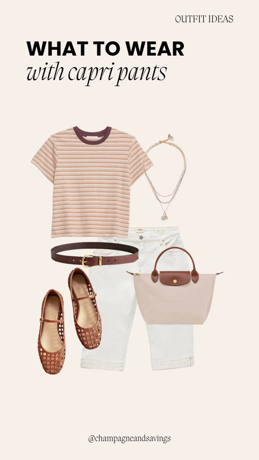 Collage of outfit pieces for a “Striped Tee and Cream Capris” capri pants look, featuring capri pants paired with a striped tee and cream-toned pieces, styled in a casual classic aesthetic.