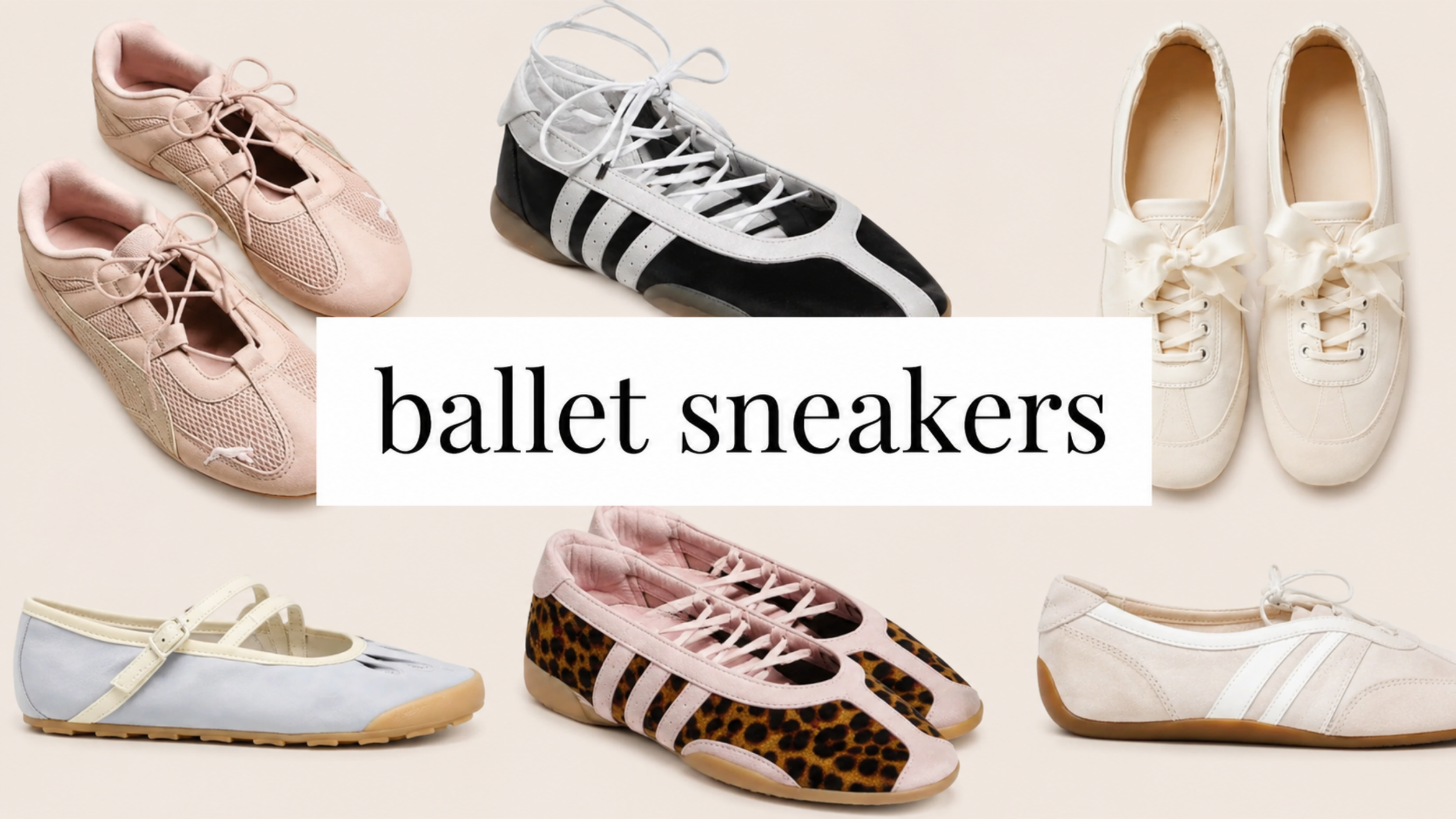 Ballerina sneaker fashion trend for 2027 featuring a collage of ballet-inspired sneakers with feminine details and sporty silhouettes.