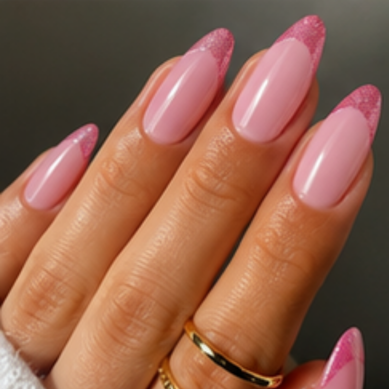 Pink manicure idea featuring pink glitter French tips.