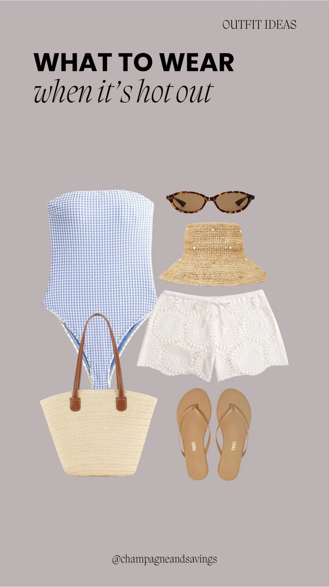 Hot weather outfit collage featuring a blue gingham one-piece styled with crochet shorts and a straw tote for a relaxed, beach-ready summer look