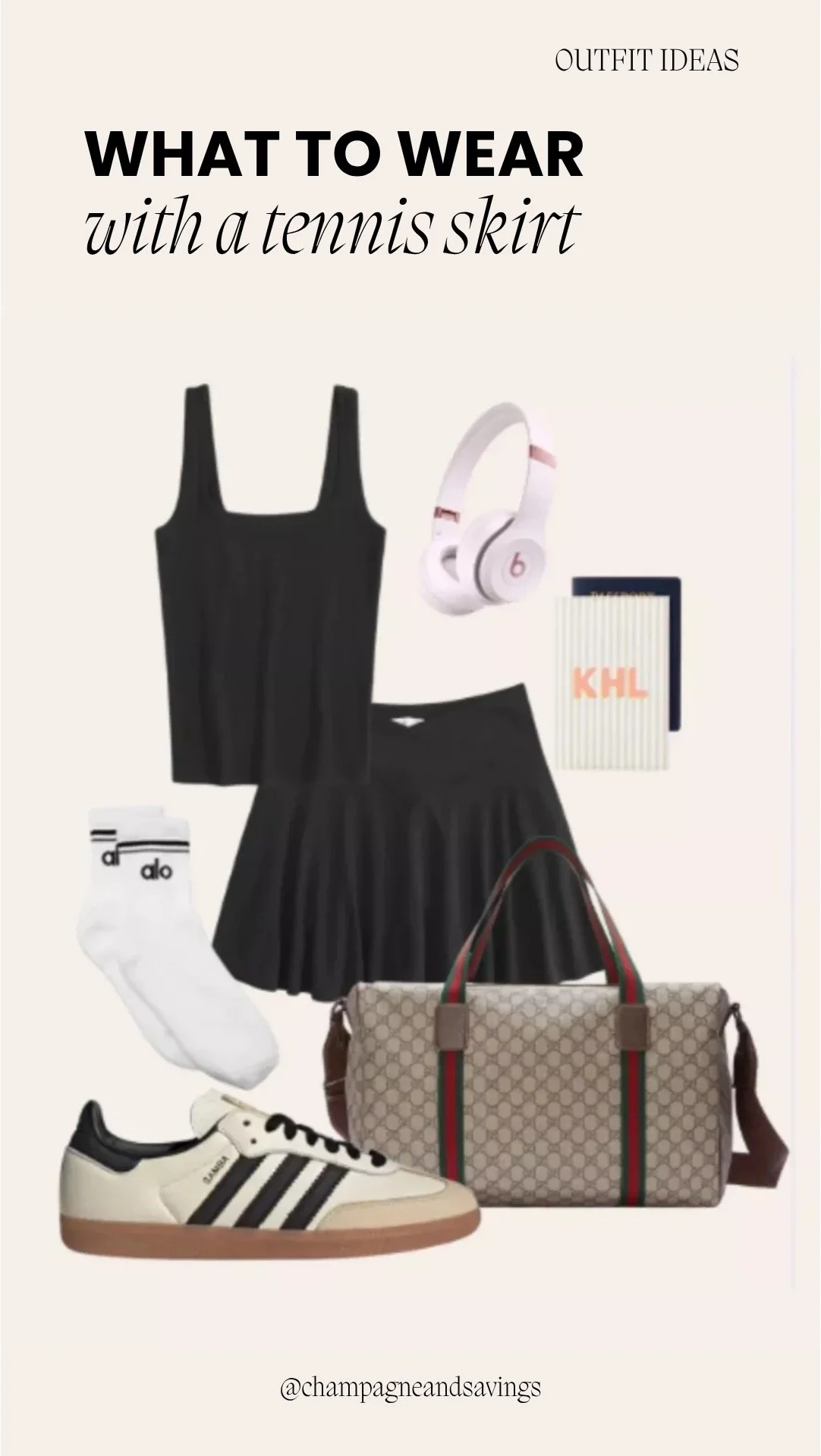 Tennis skirt outfit collage featuring a pleated tennis skirt paired with a black tank top and sneakers in a sporty chic style.