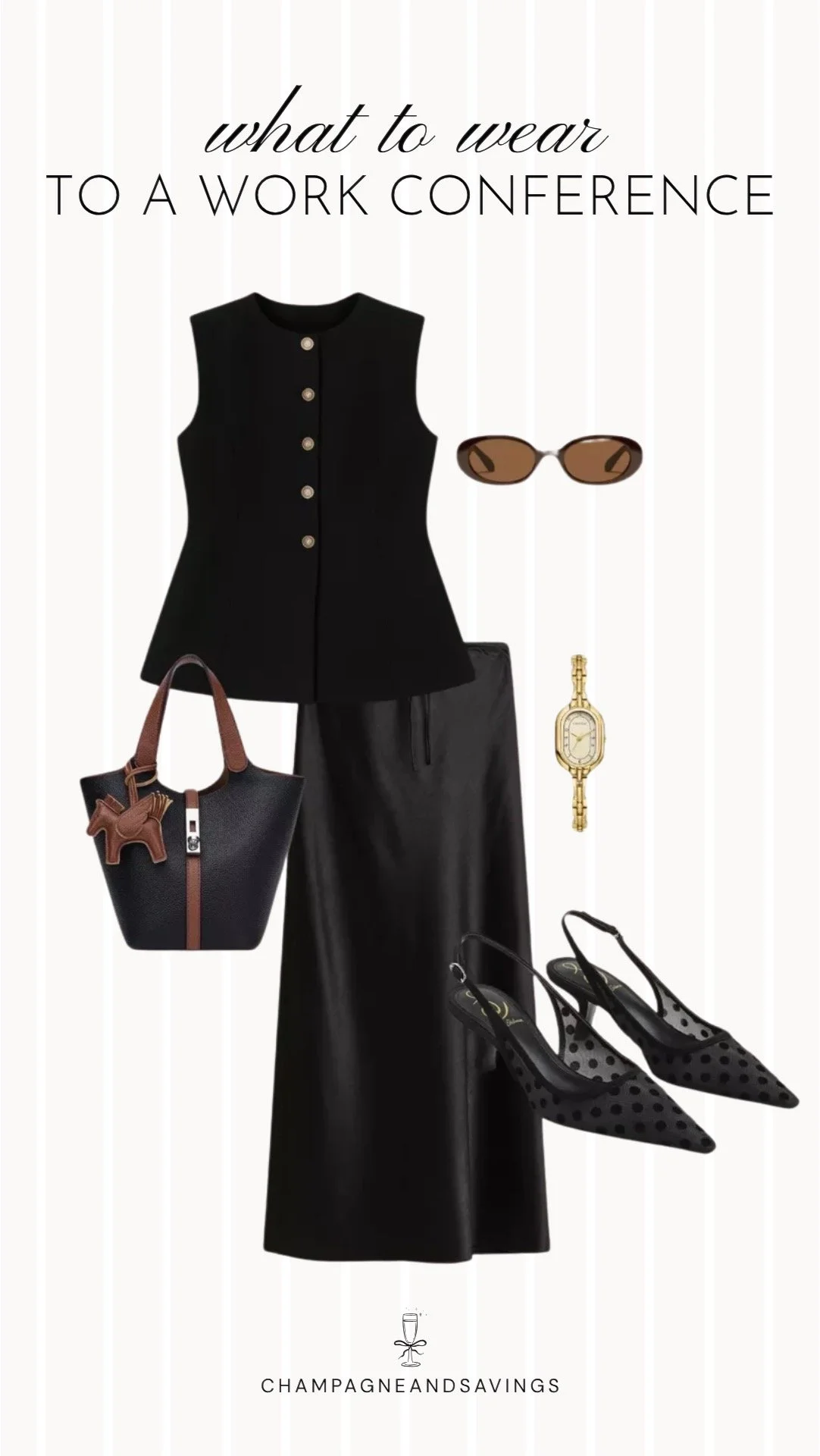 Collage of work conference outfit pieces featuring a black vest top, satin midi skirt, and slingback heels for a sophisticated and polished professional outfit.