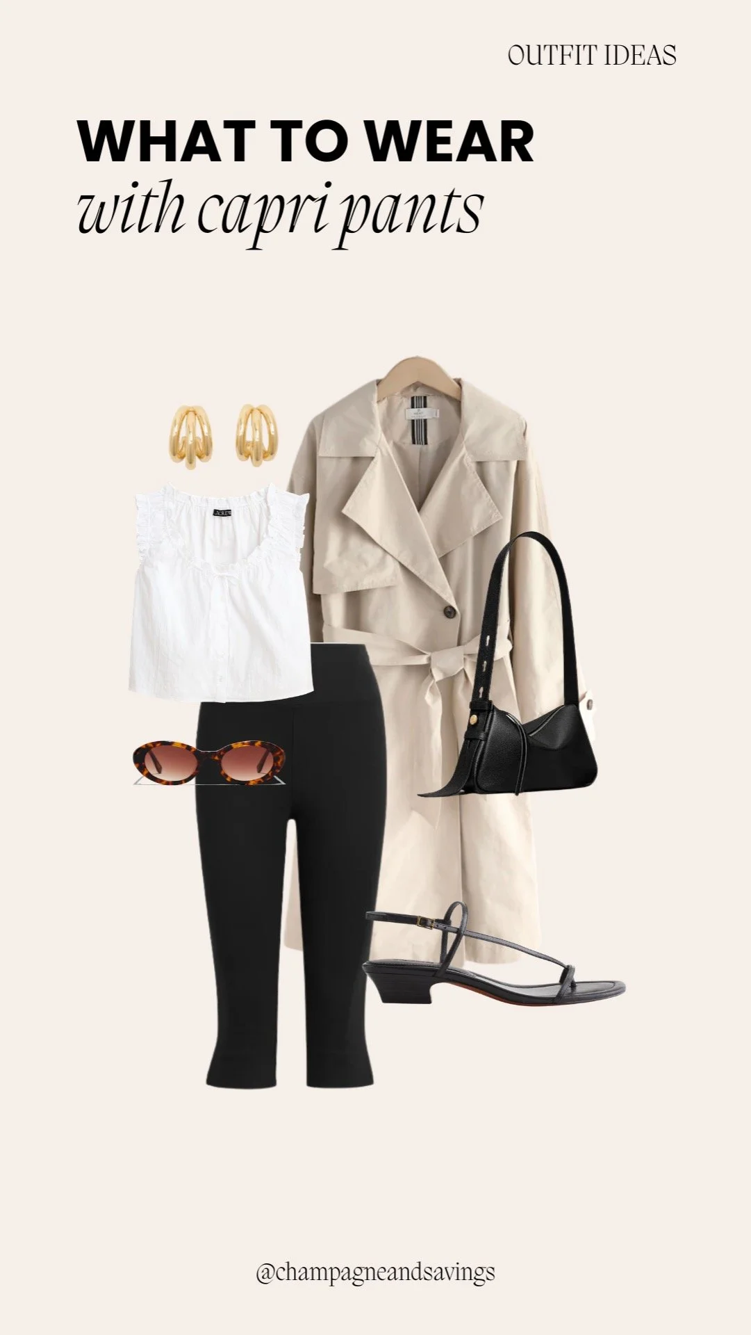 Collage of outfit pieces for a “Classic Chic with a Trench and Heels” capri pants look, featuring capri pants paired with a tailored trench coat and classic heels, styled in a polished timeless aesthetic.