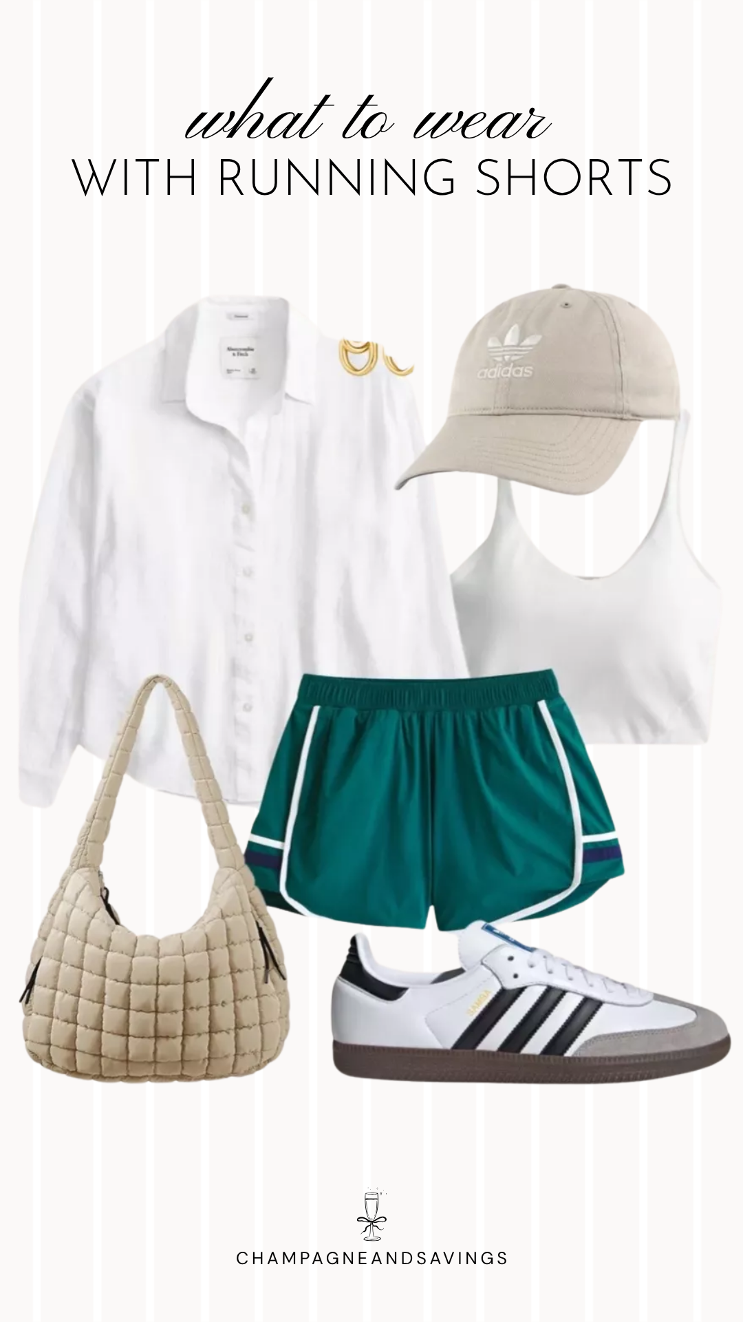 A chic track shorts outfit featuring athletic track shorts paired with a lightweight linen button-down shirt and sneakers, creating an effortless sporty-meets-polished look perfect for warm-weather days.