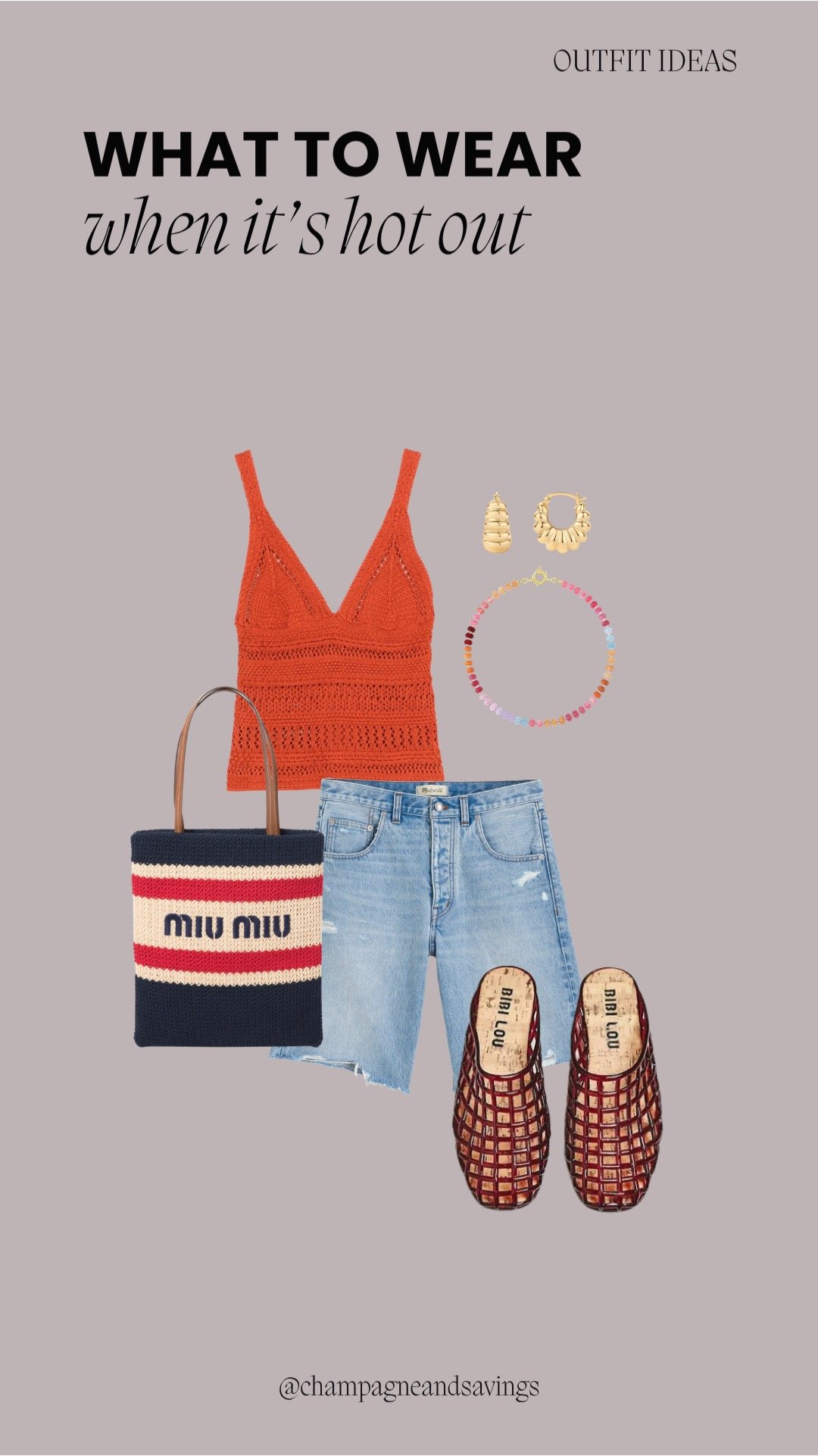 Hot weather outfit collage featuring an orange crochet top paired with denim Bermuda shorts and woven mules for a textured, breezy summer look