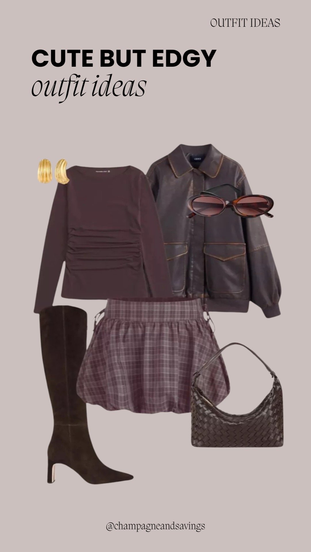 Brown top styled with a plaid mini skirt and tall boots for a chic, seasonal look.